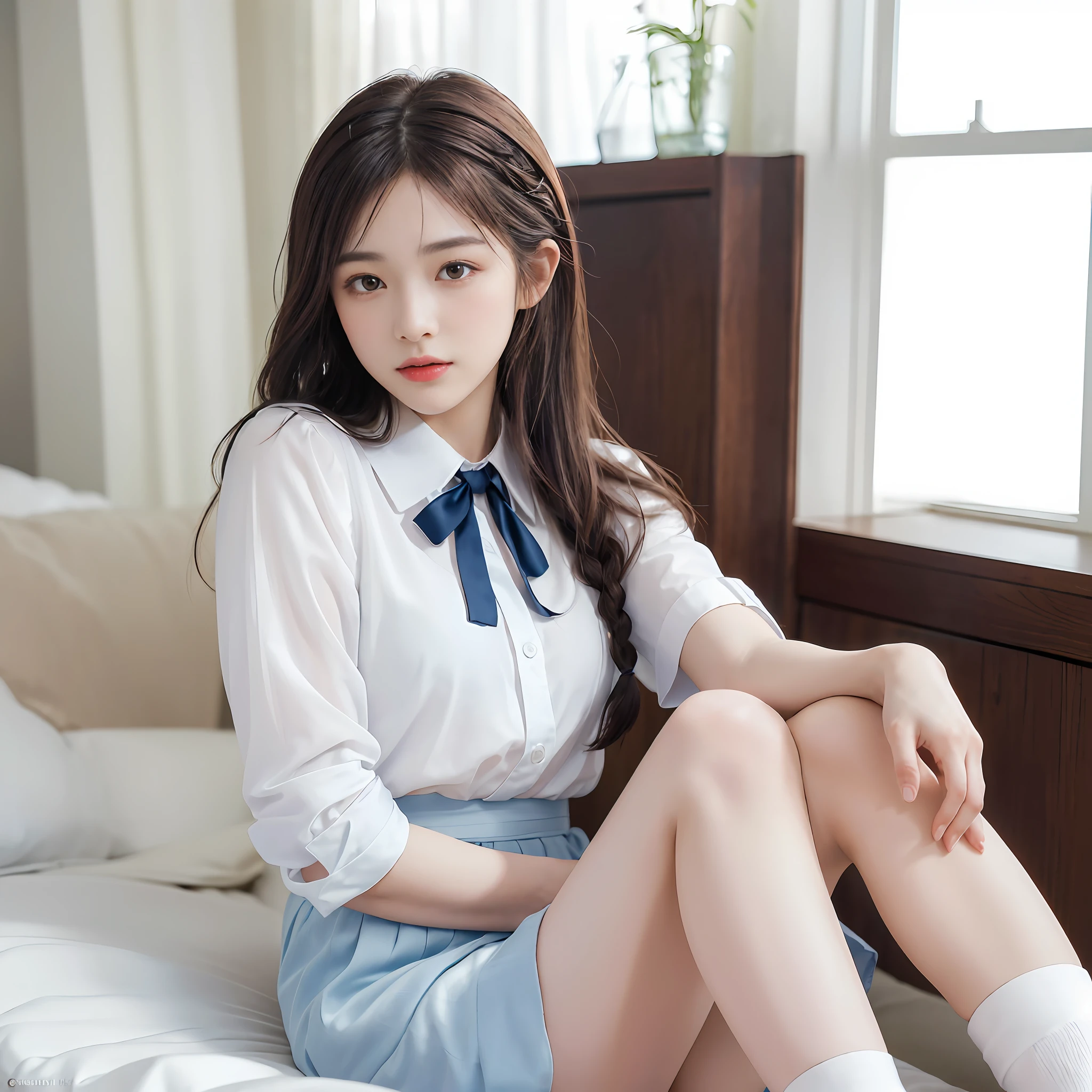 Dressed, (Photoreal: 1.4), (Hyperrealistic: 1.4), (Realistic: 1.3), (Smooth Lighting: 1.05), (Improved Cinematic Lighting: 0.9), 32K, 1 Girl, 20 Year Old Girl, Realistic Lighting, Backlit, Face Lights, Ray Tracking, (Bright Light: 1.2), (Quality Improvement: 1.4), ( Realistic textured skin of the highest quality: 1.4), fine detailed eyes, detailed face, fine quality eyes, brown eyes, (tired, sleepy and satisfied: 0.0), with a thin braided hairstyle from the temporal part to the sides, tied with a white ribbon, (blouse with a white collar), (blue ribbon tie on the collar), (enhances the atmosphere of the body line: 1.1), (enhances the beauty of the skin texture: 1.1), on the bed, Dark blue long skirt, white silk ankle-length socks, high quality, masterpiece, highly detailed, high resolution, 4K, ultra high definition, detailed shadows, ultra-realistic, realistic, dramatic lighting, 1girl, solo, detailed face, realistic eyes, realistic skin, dynamic hair, dynamic pose, dynamic angle, white flower dress, white background, ulzzang-6500-v1.1, (raw photo:1.2), (photorealistic:1.4), beautiful detailed girl, very detailed eyes and face, beautiful detailed eyes, ridiculous, incredibly ridiculous, huge file size, super detailed, high resolution, very detailed, best quality, (Bright indoor), (soft light), (low contrast), (shallow depth of field), (portrait of a beautiful woman illuminated by gentle light), (extremely delicate and elegant depiction), (short length bangs), (hair color is a dark chestnut shade with a slight brown tone), (hair with a subtle and gentle wave), (small braids intricately woven on the side of long hair), (adorned with a thin ribbon), (white blouse with small frills), (bow tie), (blue long skirt), (white short ankle socks), illustration, very detailed, CG, unified, 8k wallpaper, amazing, fine detail, best quality, Very detailed CG unified 8k wallpaper, face light, movie lighting, 1girl, , ((no panties)), ((dynamic pose))), (camel toe), (half