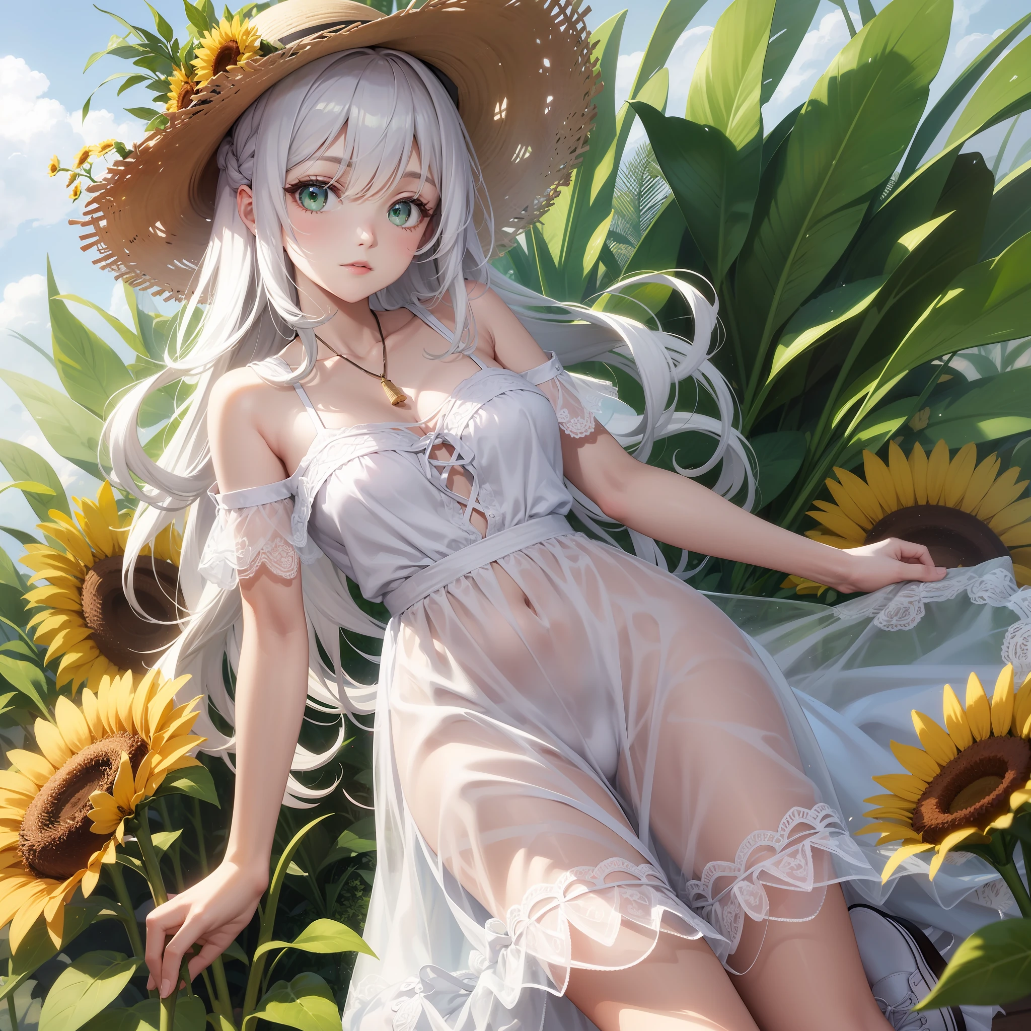 white dresses，White canvas shoes，Mature girls，long  white hair，Light green eyes，Wearing a straw hat，Sunflowers in straw hats，adolable，vivaciousness