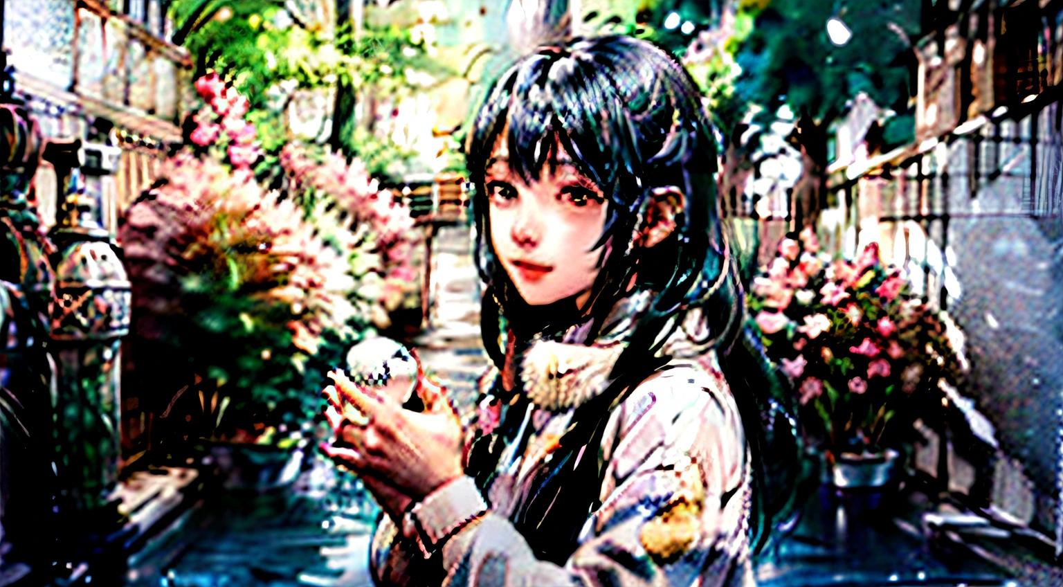 Anime girl in winter coat lifting snowball, Guviz-style artwork, anime visual of a cute girl, Wear ice crystals, in an anime style, cold as ice! 🧊, In anime style, Guviz, Covered in ice, with frozen flowers around her, Anime style illustration, Cold snow outside, japanese illustrator, Cold weather