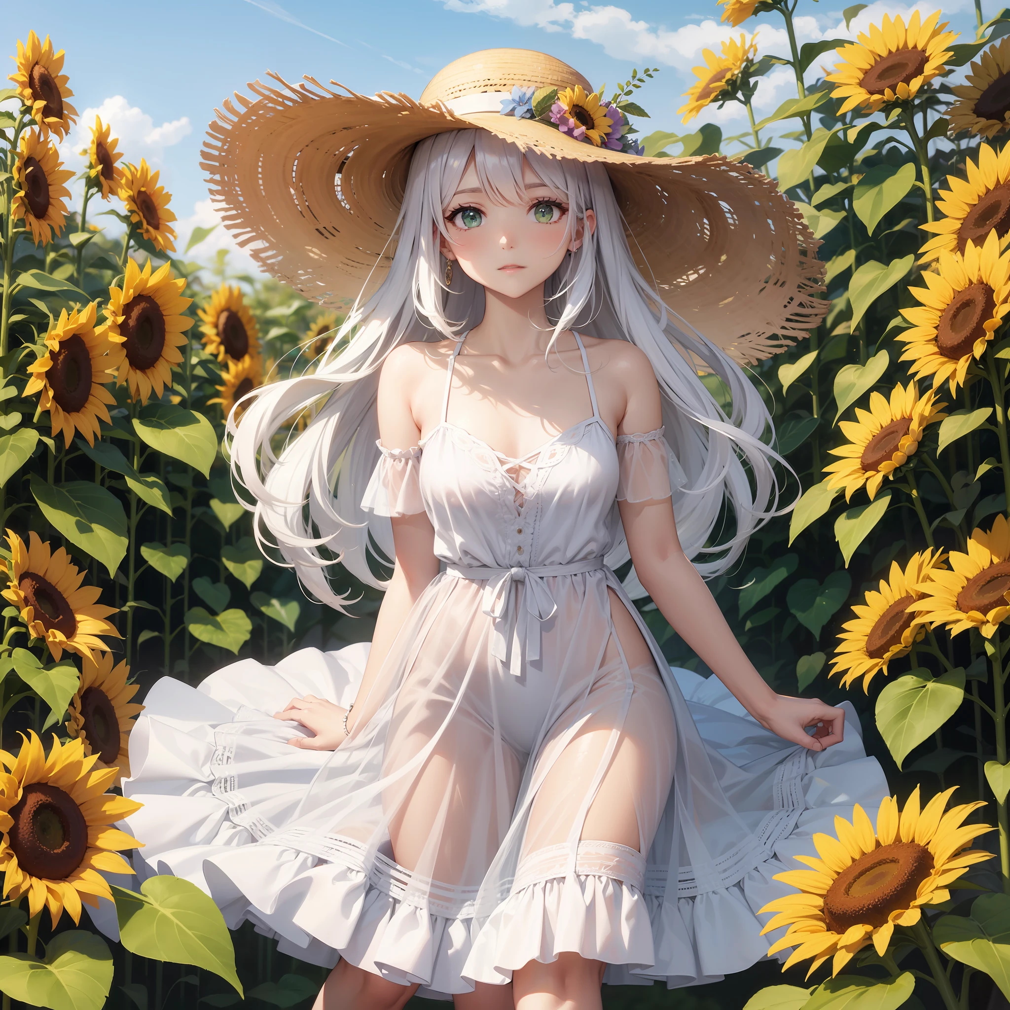 white dresses，White canvas shoes，Mature girls，long  white hair，Light green eyes，Wearing a straw hat，Sunflowers in straw hats，adolable，vivaciousness