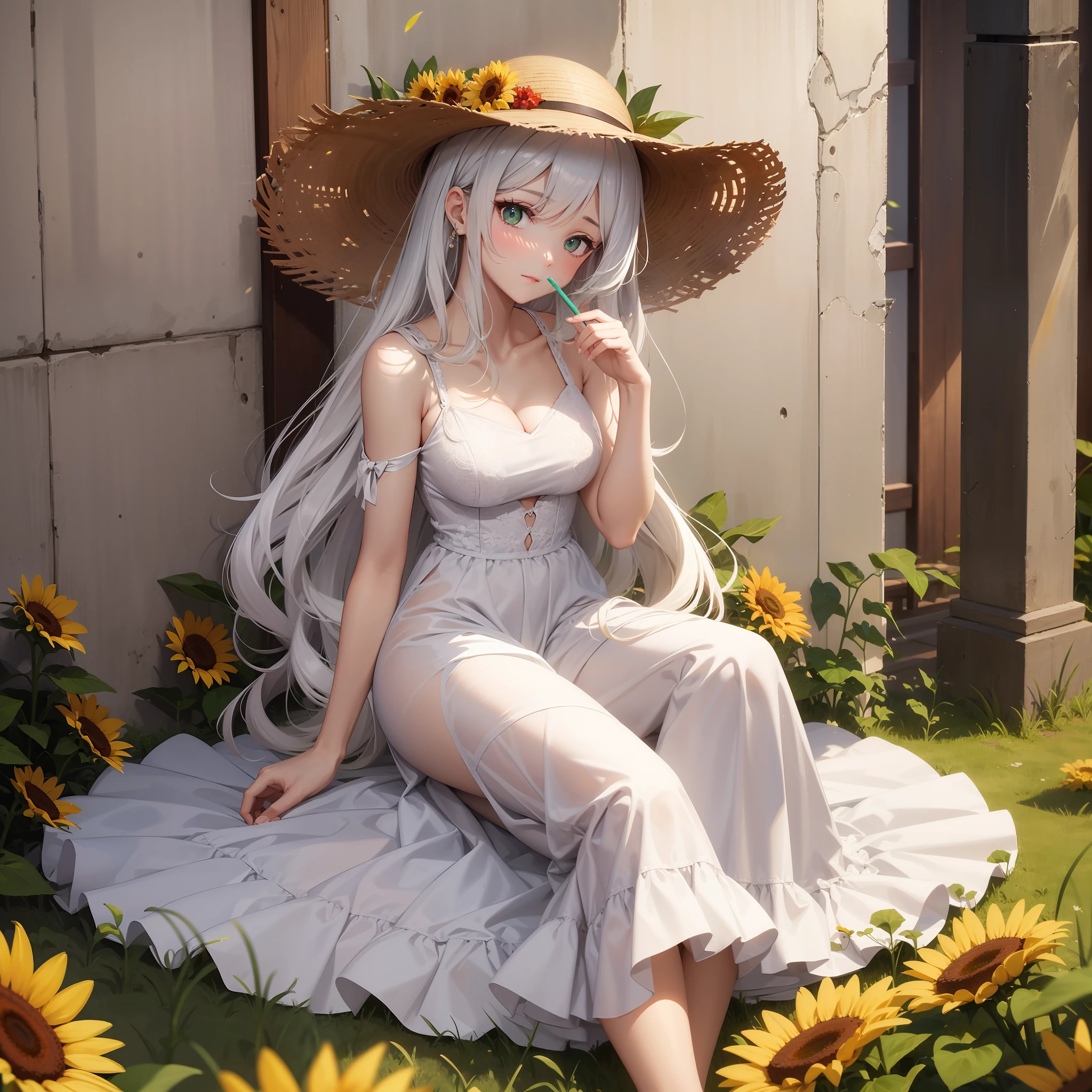 white dresses，White canvas shoes，Mature girls，long  white hair，Light green eyes，Wearing a straw hat，Sunflowers in straw hats，adolable，vivaciousness