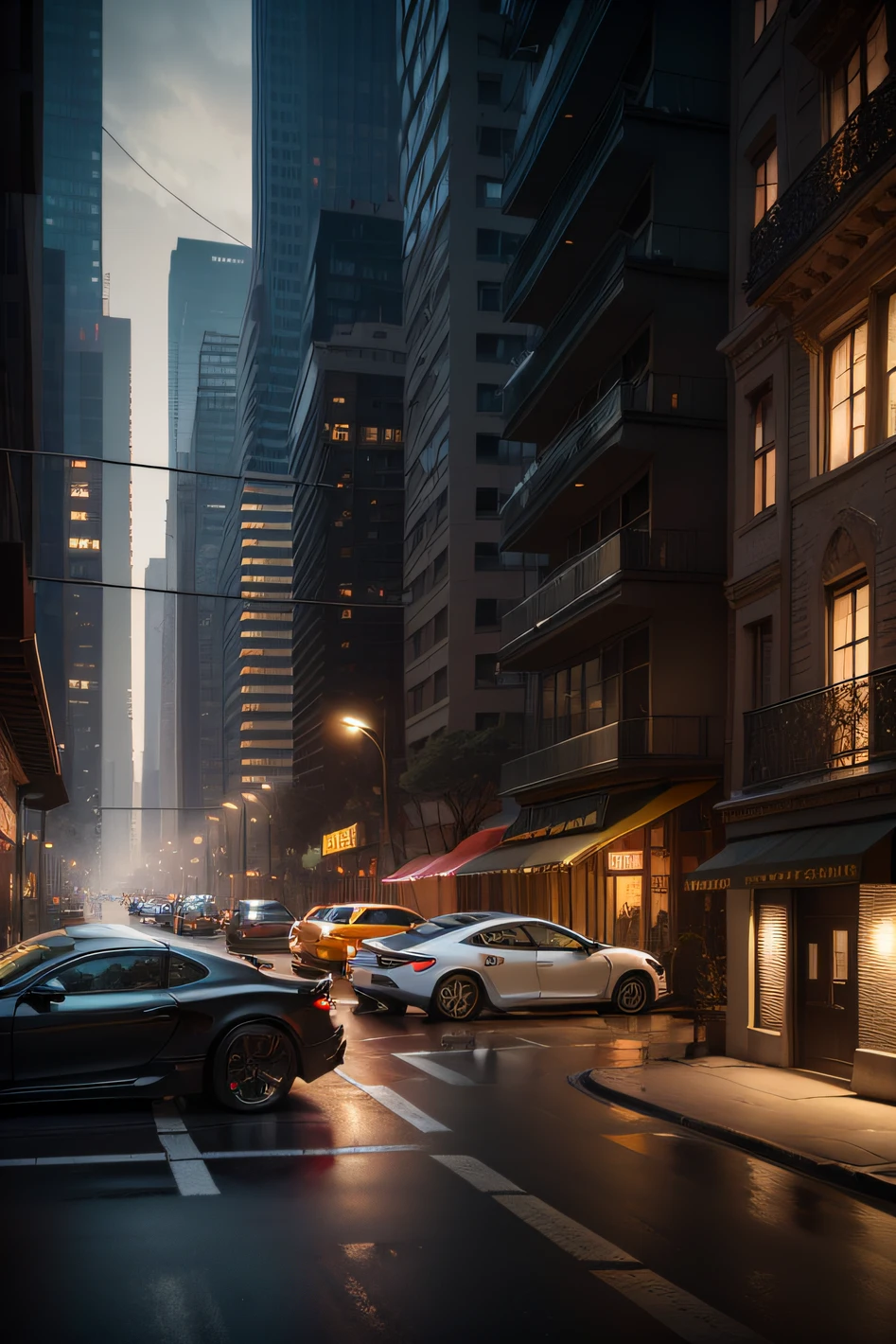 architecture, street, cars, high building, interior lighting,  photorealism,  (cyborg:1.1), ([tail | detailed wire]:1.3), (intricate details), hdr, (intricate details, hyperdetailed:1.2), cinematic shot, vignette, centered