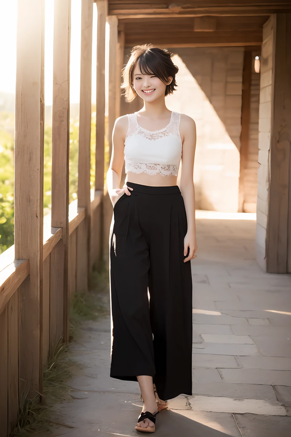 (Black low-rise wide pants)、(White lace tops), (Full body),(Best Quality),(masutepiece:1.1), (Beautiful 13 year old girl),japanaese girl, Cute face, Cute lips, Dappled sunlight, Dramatic Lighting, Dynamic lighting, Smile, (short-cut)
