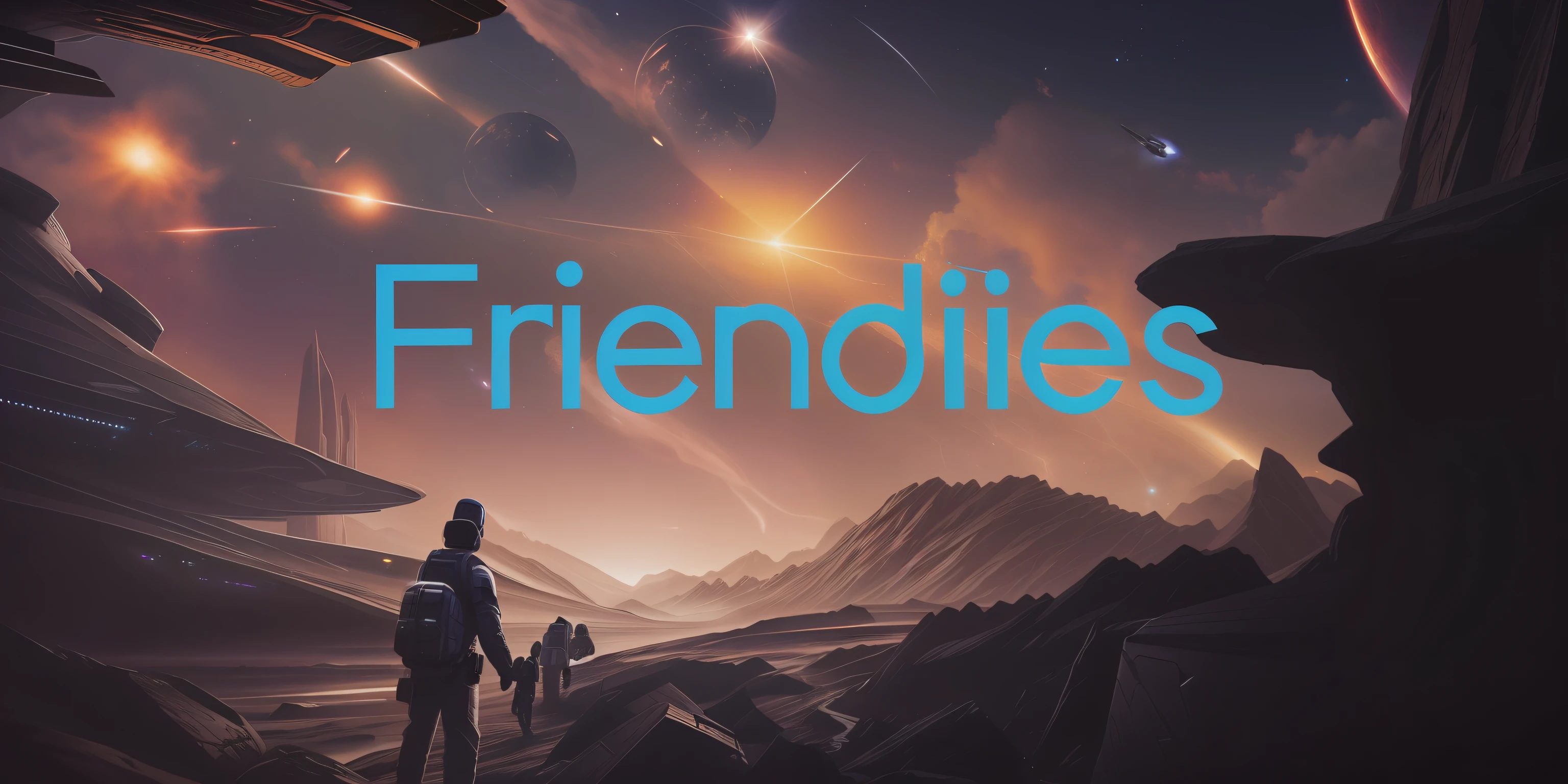Picture of a sci-fi scene with a spaceship as the background, Friendly eyes, friendly, Big friendly eyes, Album art, promo art, Futuristic dystopia endless, promotional art, Avant-garde adventure sci-fi, Friendly smile, Float in front of the nebula, Friendly art, friedly smile, Explore new friendly lands, Friends, friendly face