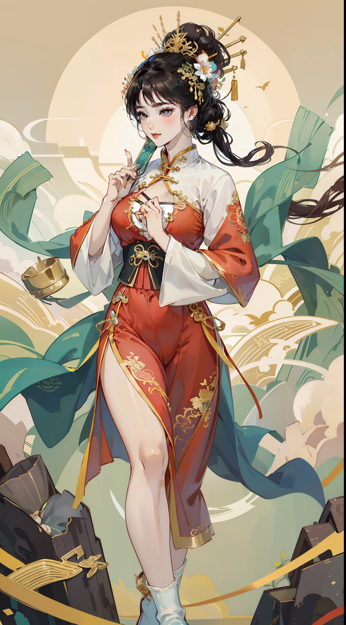 Bigchest，爆乳，full bodyesbian，The chest is completely covered by clothing，Tight chest，Long skirt hem at the bottom，Cheongsam split off，The sides show the thighs，Wear a long cheongsam skirt，The chest is large，The cheongsam is long to the feet