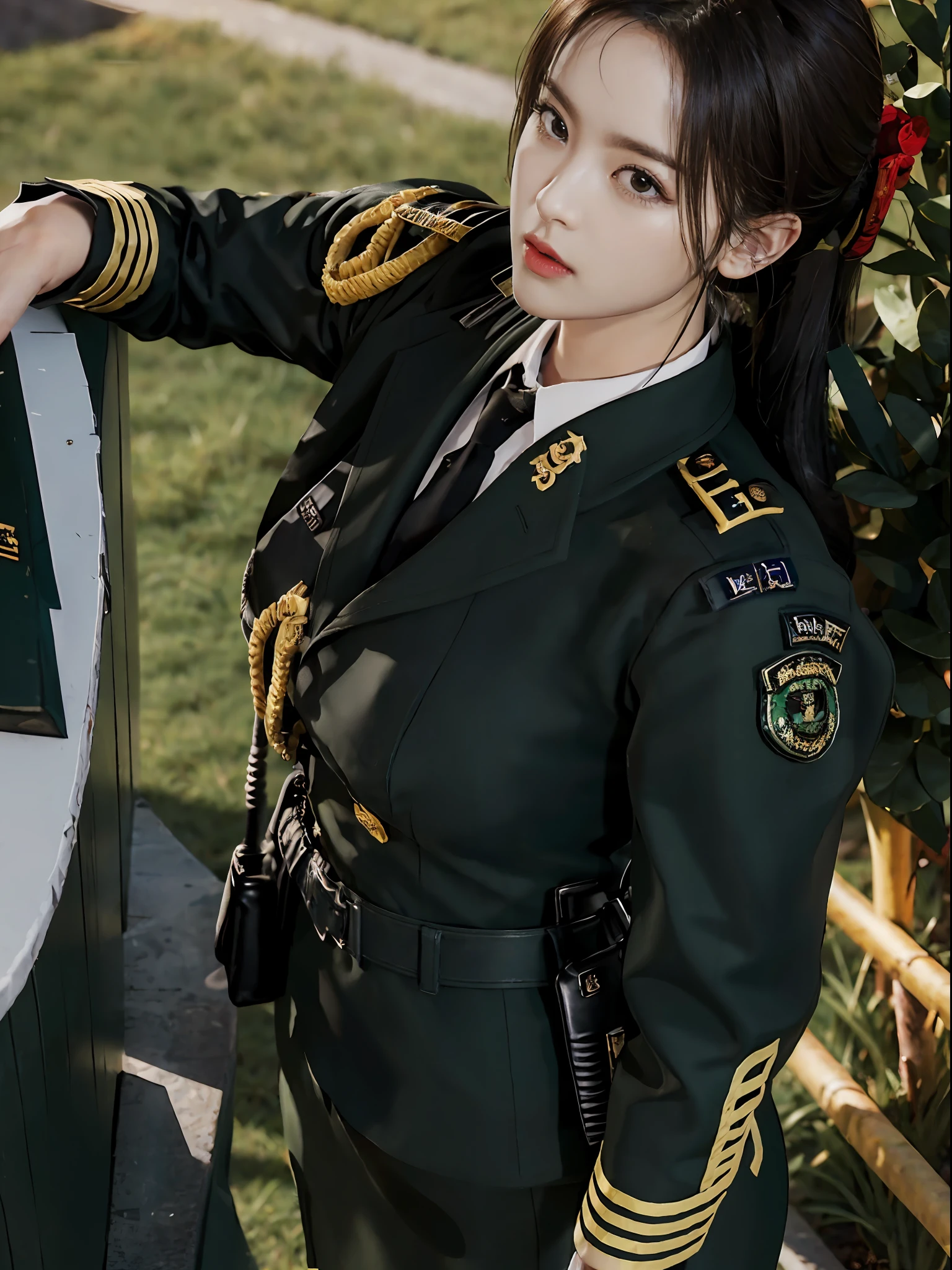 Very detailed CG unity 8K wallpaper，（tmasterpiece），（best qualtiy），（ultra - detailed），（Ultra photo realsisim），（best character detail：1.36），Nikon D750 f / 1.4 55mm，profesional lighting， physically-based renderingt, 1girll, Female soldier，army suit，Dark green military uniform，Fabric texture military uniform，Pure white lining，Dark green tie，Black hair，the golden ratio,[:(com rosto detalhado:1.2):0.2]:,PureErosFace_V1, broad shoulder,(Bigchest:1.5),(big assa:1.5)，Soaked with sweat，red flags，In the square，Splendid scenery，bright sun，upper body photos，Place your hands on your chest，  Small flag，Flag of China，Night Street，lighting，Contre-Jour，