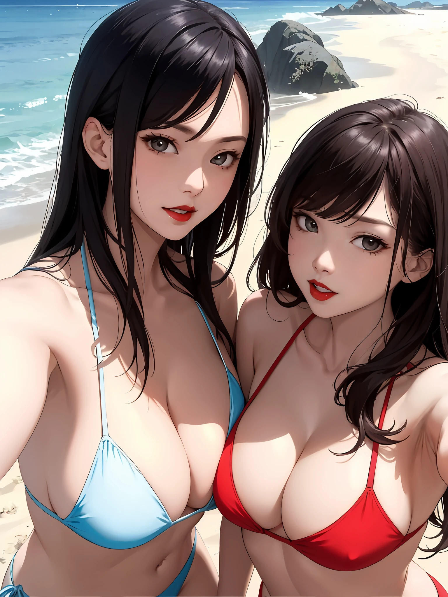 realisticlying、2 girls,selfee,Bikini Wearing,Cleavage emphasis,Chest and chest gluing,Face Real,Open your mouth wide,shores,Sexy Posing,Slightly red in the face,Red lips