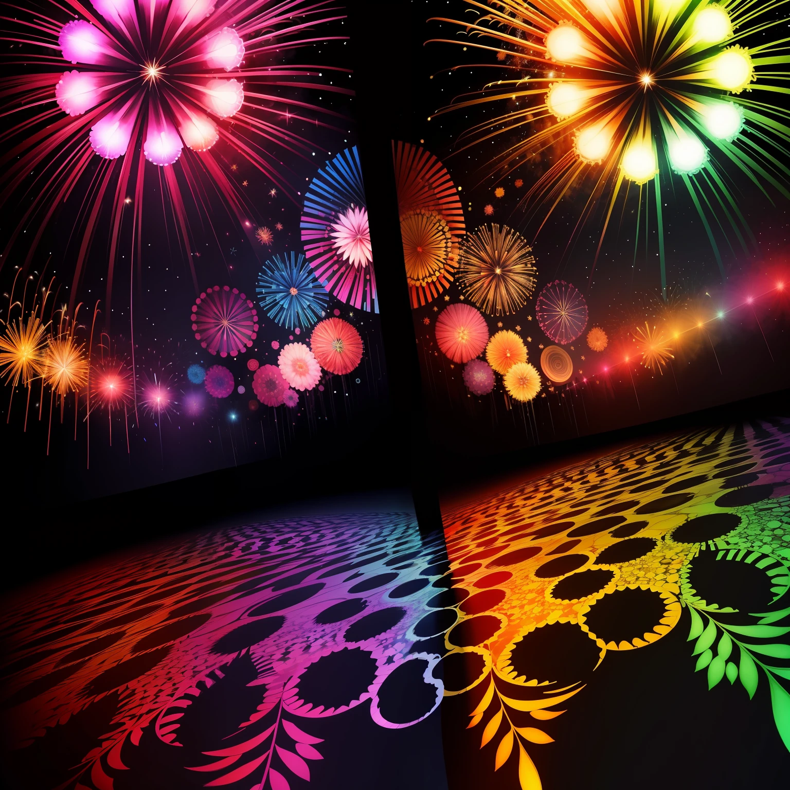 Fireworks kaleidoscope，The sky is cloudless，It's like being covered by a curtain，paint black，Brilliant fireworks，Bloom in the air，Colorful colors，Like a reflection on a kaleidoscope of water，Translation symmetry，Fibonacci spiral，Perfect light and shadow