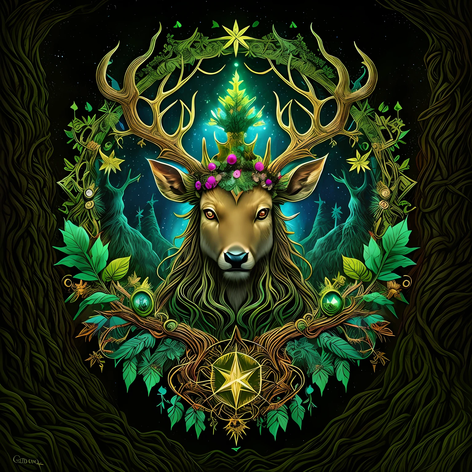 A deer with a crown and a star in its mouth, forest spirit, Cernunnos, god of the forest, Fascinated by the spirit of nature, El Bosco and Dan Mumford, elemental guardian of life, The spirit of the forest dwells, Forest Soul, symmetrical epic fantasy art, The Ancient Deity of the Horns, detailed fantasy digital art, queen of the forest