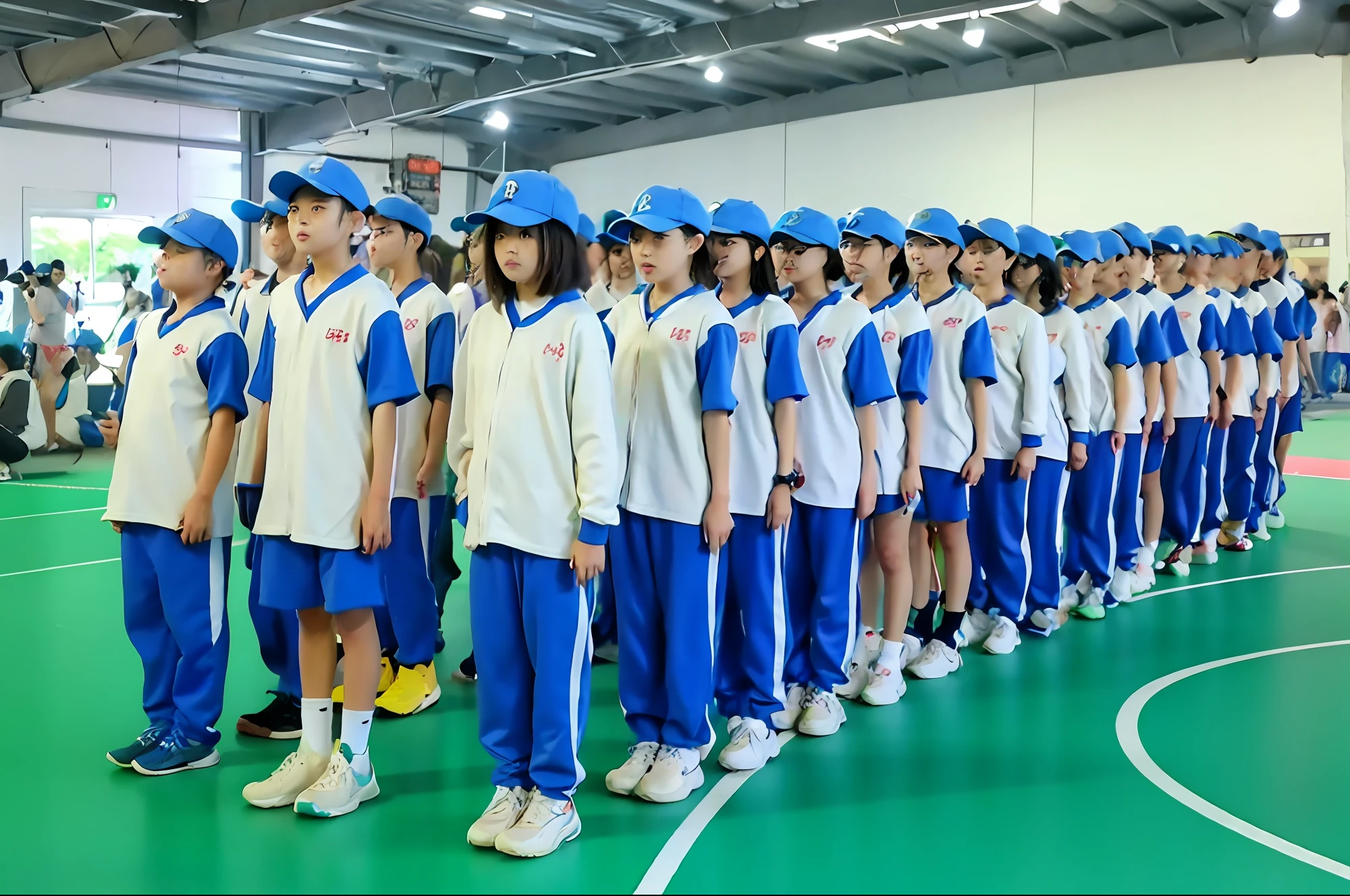 A group of uniformed children lined up, wearing track and field suit, colorful uniforms, 🤬 🤮 💕 🎀, author：Liao Zhichun, mingchen shen, author：Yi Zaiwan, su fu, 2 0 2 0 fashion, 💣 💥, 💣 💥💣 💥, wei wang, jinyiwei, blue uniforms