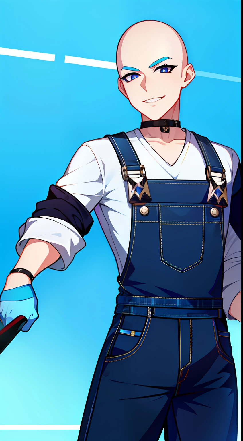 Young guy, bald, The eyes are blue, blue overalls, bloods, knife, smirk, eye shadow, Masterpiece, hiquality