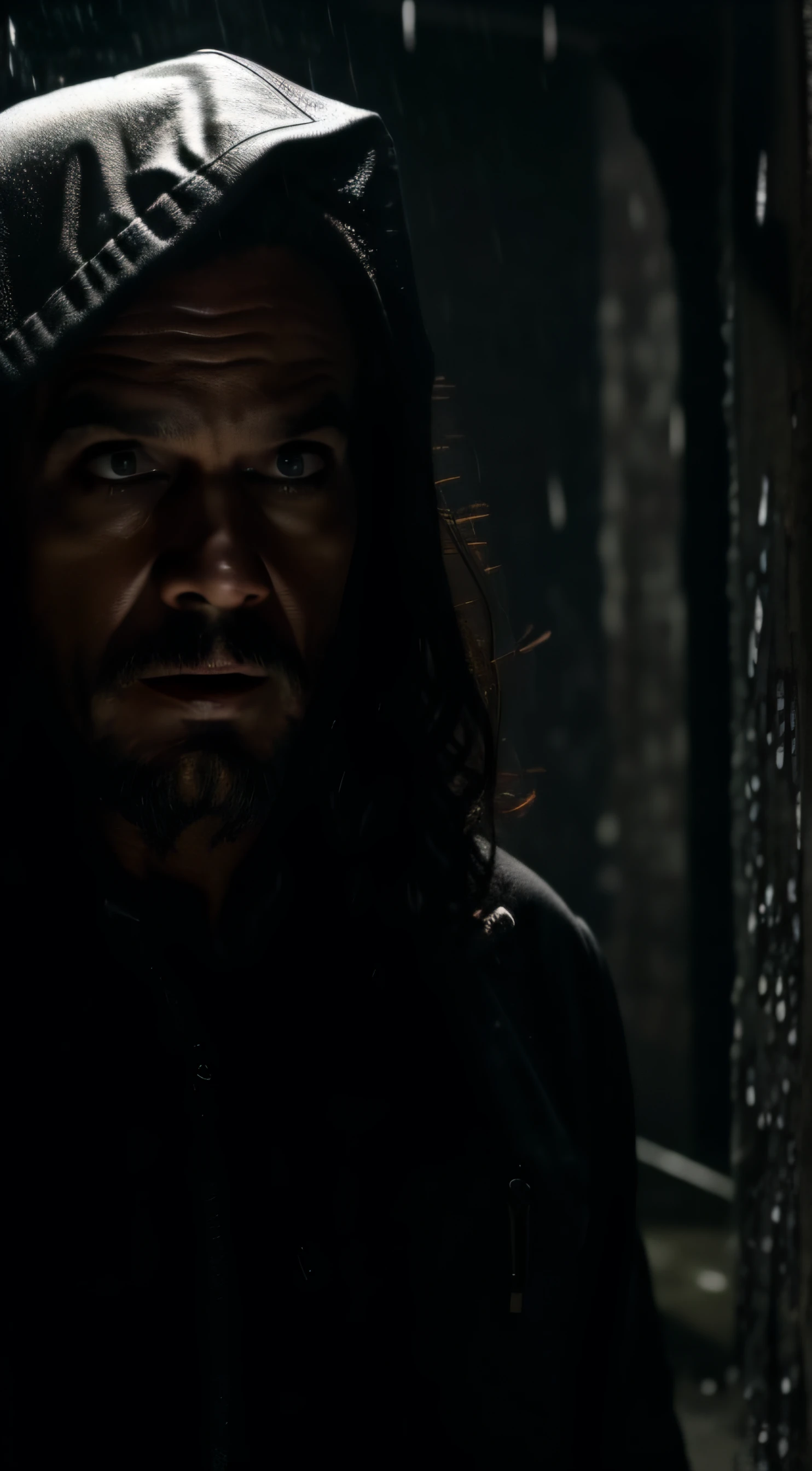 a serial killer in dark, the background is outside and raining