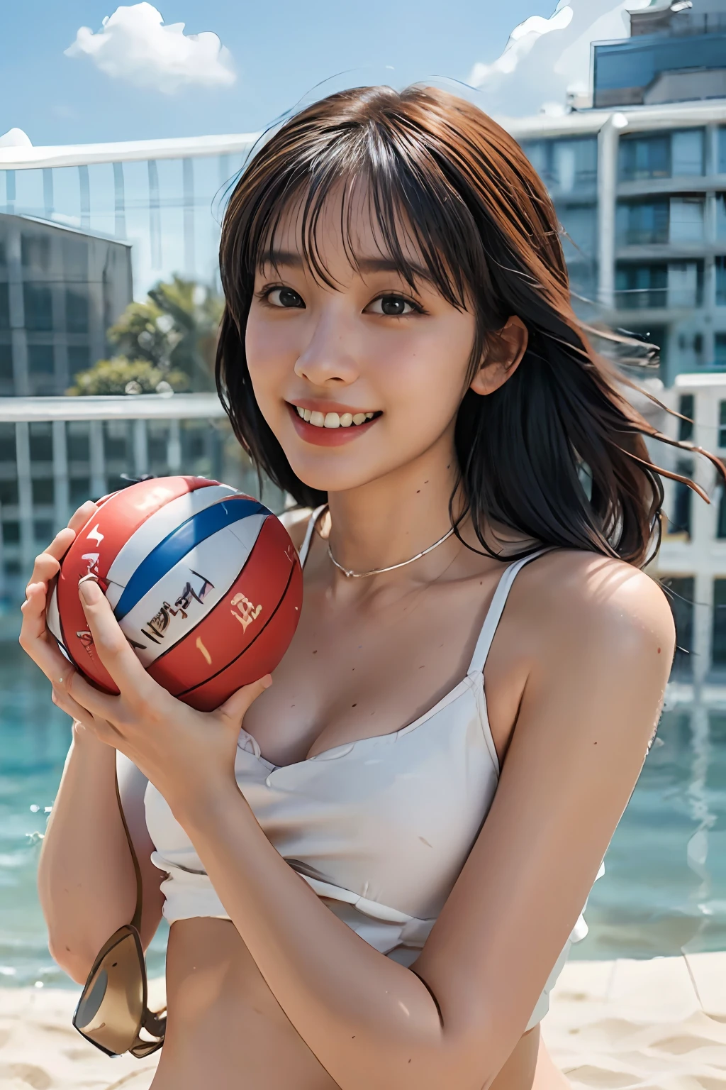 Best quality, masterpiece, ultra high res, (photorealistic:1.4),highly detailed,professional lighting smile.Playing Volleyball ,in the beach,wear small bikini.sweat body running.(Seen nipple head and camel toes)