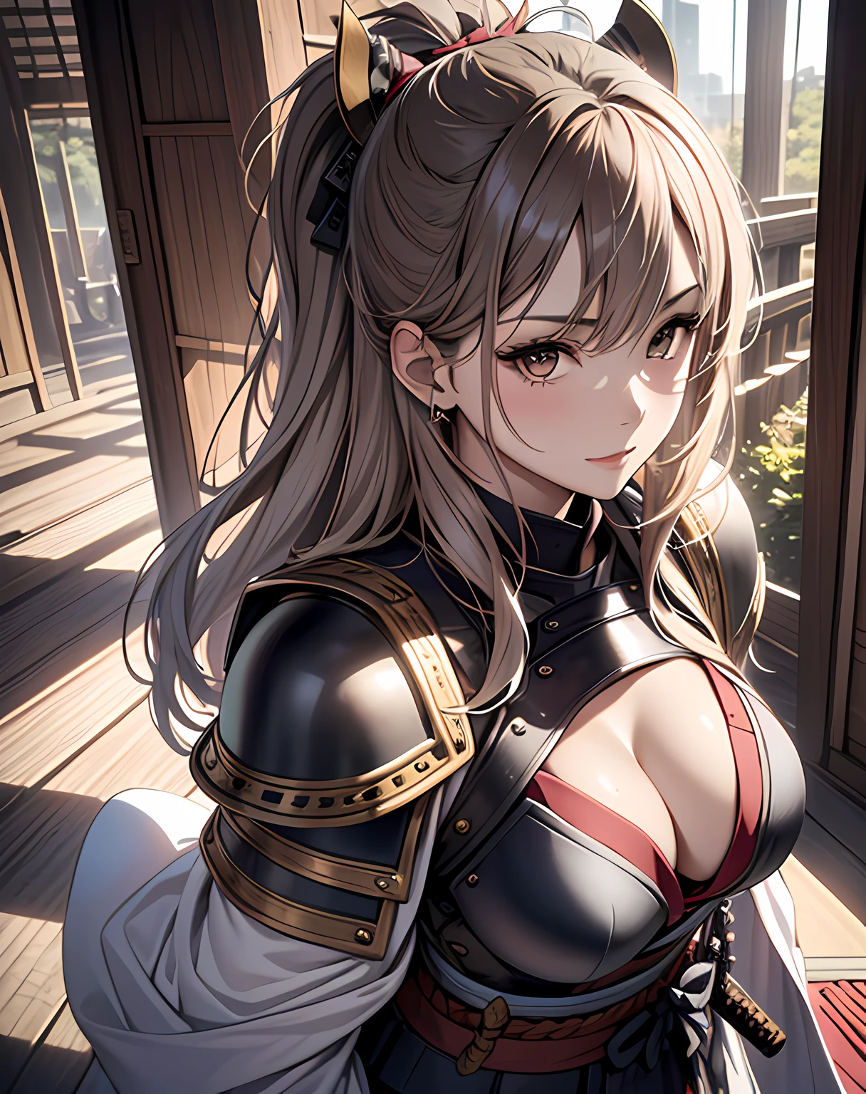 photo realistic, anime style, (8k, RAW photo, best quality, masterpiece:1.2), High detail RAW color photo, professional photograph, cowboy shot, (realistic, photo realistic:1.37),cinematic light, (finery detailed face:1.2), cowboy shot, thigh 1 girl, 18-28 years old, very cute, very beautiful, photo realistic, event companion, BREAK, white skin, real human skin, (detailed face), oval face, pores, ultra high res, BREAK, slim, (medium-large-breast:1.37, cleavage:1.37), (looking straight at viewer with a serene and goddess-like happiness:1.2), (lifter gloss, eyelashes, gloss-face, best quality, ultra highres, Broad lighting, natural shading), (beautiful thin long hair, pony-tail:1.3, brown hair),, BREAK, 1 woman, elegant beauty, radiant skin, (Maeda Keiji costume:1.3), (warring-states-era:1.4), solo, (eccentric-fashion:1.2), (tiger-pattern-accent:1.3) (samurai-armor:1.5), detailed traditional clothing, (style-sengoku:1.3), detailed face expression, (style-dynamic:0.8), standing pose, holding katana, determined expression, (background: battlefield), (style-battle-ready:0.9), historical atmosphere, armor details, detailed background, (style-wafuku:0.9), powerful aura,