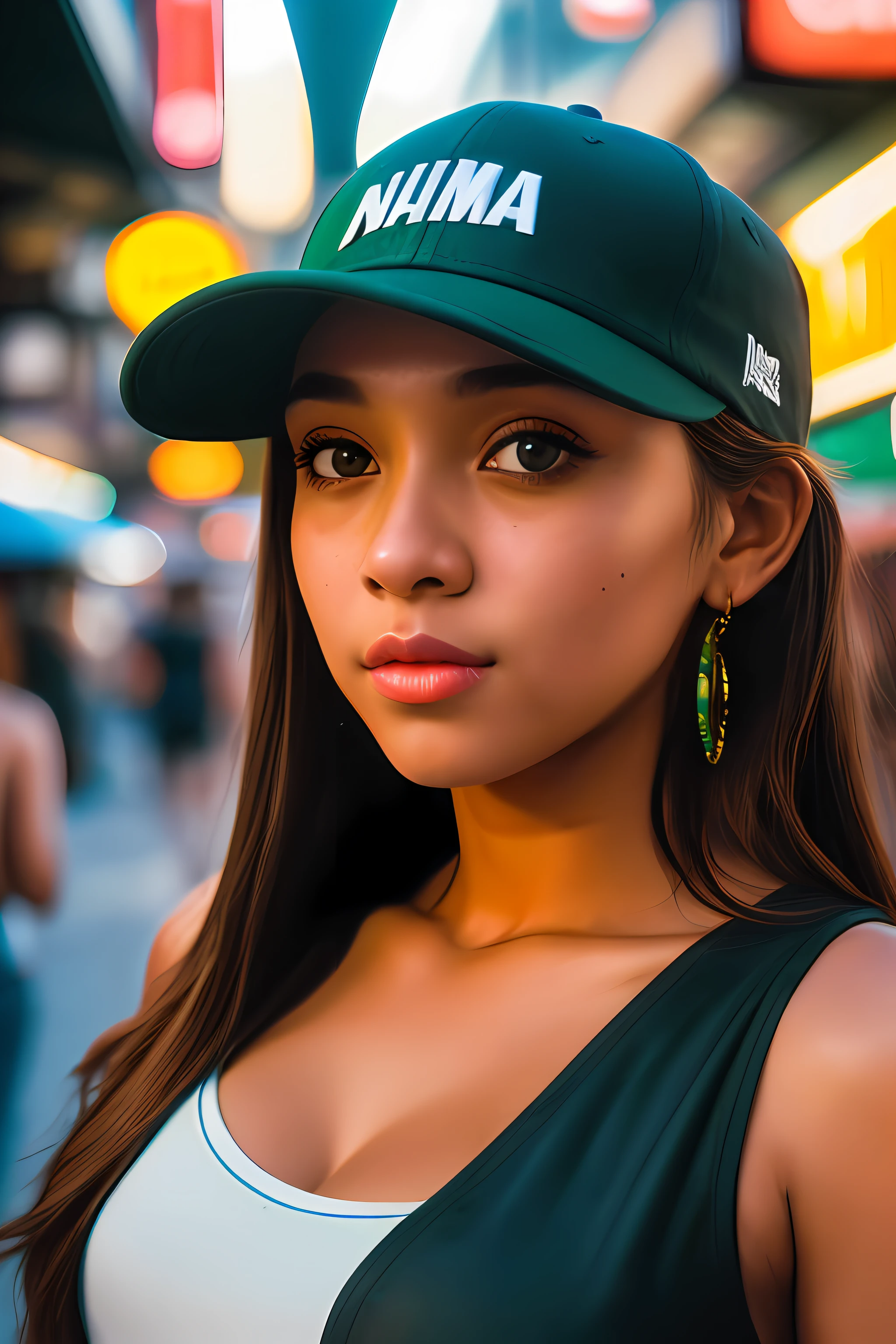 a girl wearing a snapback cap of the brand "BAHAMA COCONUT" in a bustling metropolis, weaving through crowded streets and dark alleyways, close up, Detailed clothes, green eyes, flowing hair, determined expression, shiny glossy skin, subsurface scattering, (sharp:0.7), [(colorful explosion psychedelic paint colors:1.21)::0.05], amazing fine detail, Nikon D850 film stock photograph Kodak Portra 400 camera f1.6 lens, rich colors, lifelike texture, dramatic lighting, urban environment, skyscrapers, neon signs, street vendors, dynamic composition, unreal engine, trending on ArtStation, cinestill 800 tungsten