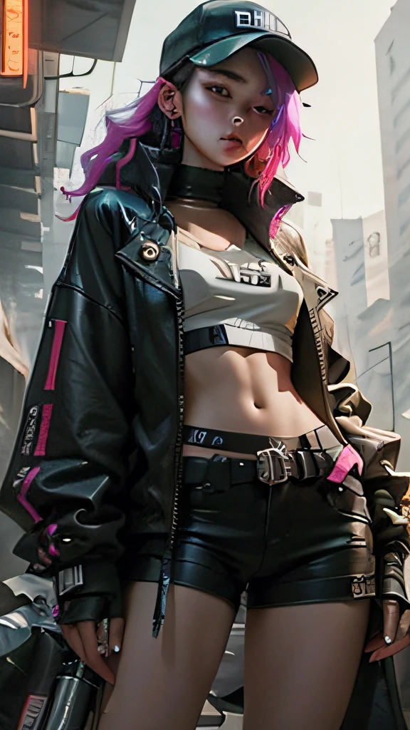 Beautiful woman medium hair, wearing cap, cyberpunk style short clothes
