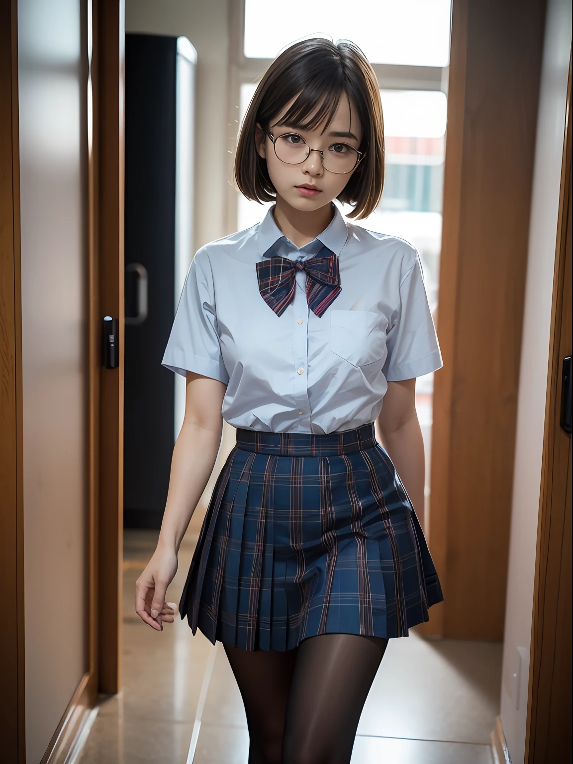 （8K、Raw photography、top-quality、​masterpiece：1.2),de pele branca,kne,(Black pantyhose),absurderes,a small face,small tits,flat breast,Parting the bangs from the middle、Forehead visible,(Tight eyes,glares,Bullish,skinny,Rasping,irate)、​masterpiece,top-quality、超A high resolution,Raw photo,ren,Beautiful fece,One Person, 独奏,eye glass,,Dark look,Small breasts,fullllbody,Round glasses、cute little、JK school uniform,hi-school girl,A Japanese Lady,is standing,（Photorealsitic：1.37）、Photon mapping,Light blue ribbon,Realistic、Cute little face,Brown-eyed、Black socks、(Red bow tie)、Radio City、Physically Based Rendering、Foreground、depth of fields、Blurry background、a picture,The girls、Body,beauty legs, Long legs, Thin leg,Long bob cut,(Bangs are visible), hair, s lips, Blue_The eye, nosesoft,(Light blue shirt), (Navy and blue and white plaid pleated skirt), Knees are visible,Sheer clothing,, Thigh, Black cotton socks,Nogizaka Idol, 女優, Japanese ido