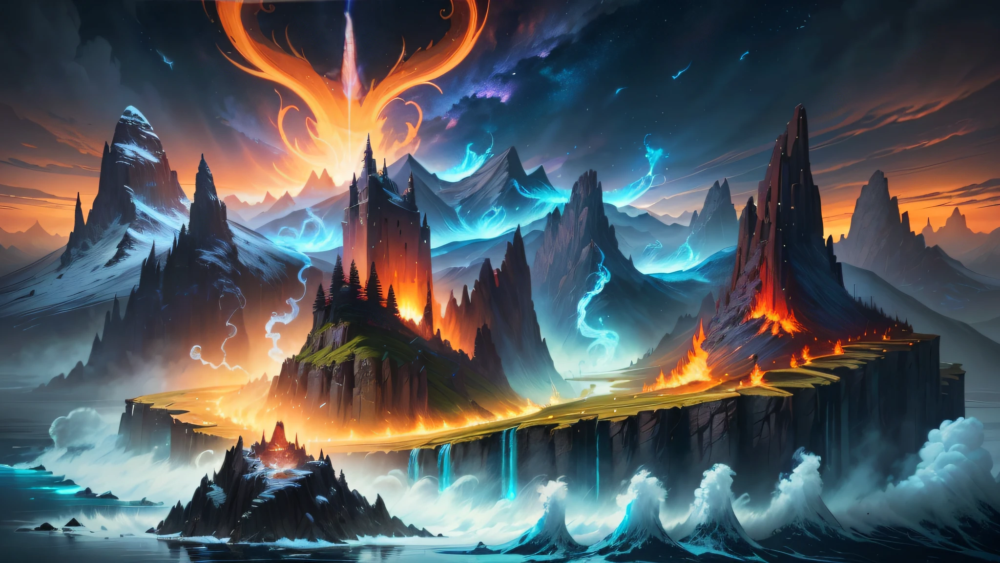 a drawing,There is fire in the mountains,Birds fly over it, Epic fantasy digital art style, 4K fantasy art, Epic fantasy art style, 8K fantasy art, epic fantasy artwork, Epic fantasy art style HD, epic fantasy game art, Epic fantasy style art, detailed fantasy digital art, detailed fantasy art, epic fantasy digital art, Symmetrical epic fantasy art