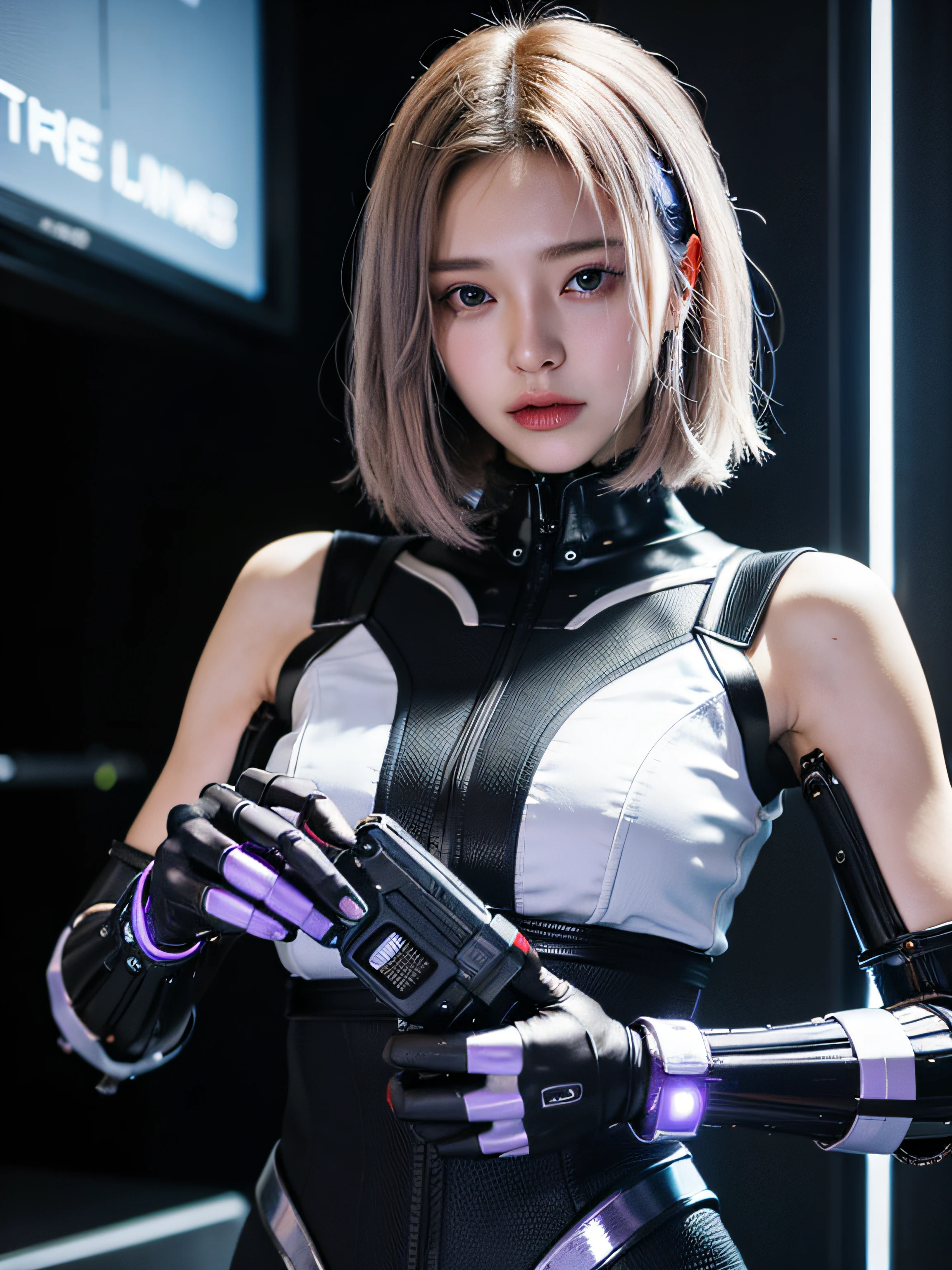 (cyber punk perssonage:1.4), (Photorealistic:1.4), (Best quality:1.0), (超高分辨率:1.0), 8K, RAW photo, (Masterpiece:0.2), Ultra-detailed, 1girll, Pale skin, Detailed skin, facing to audience，Beautiful eyes，Holding a submachine gun，