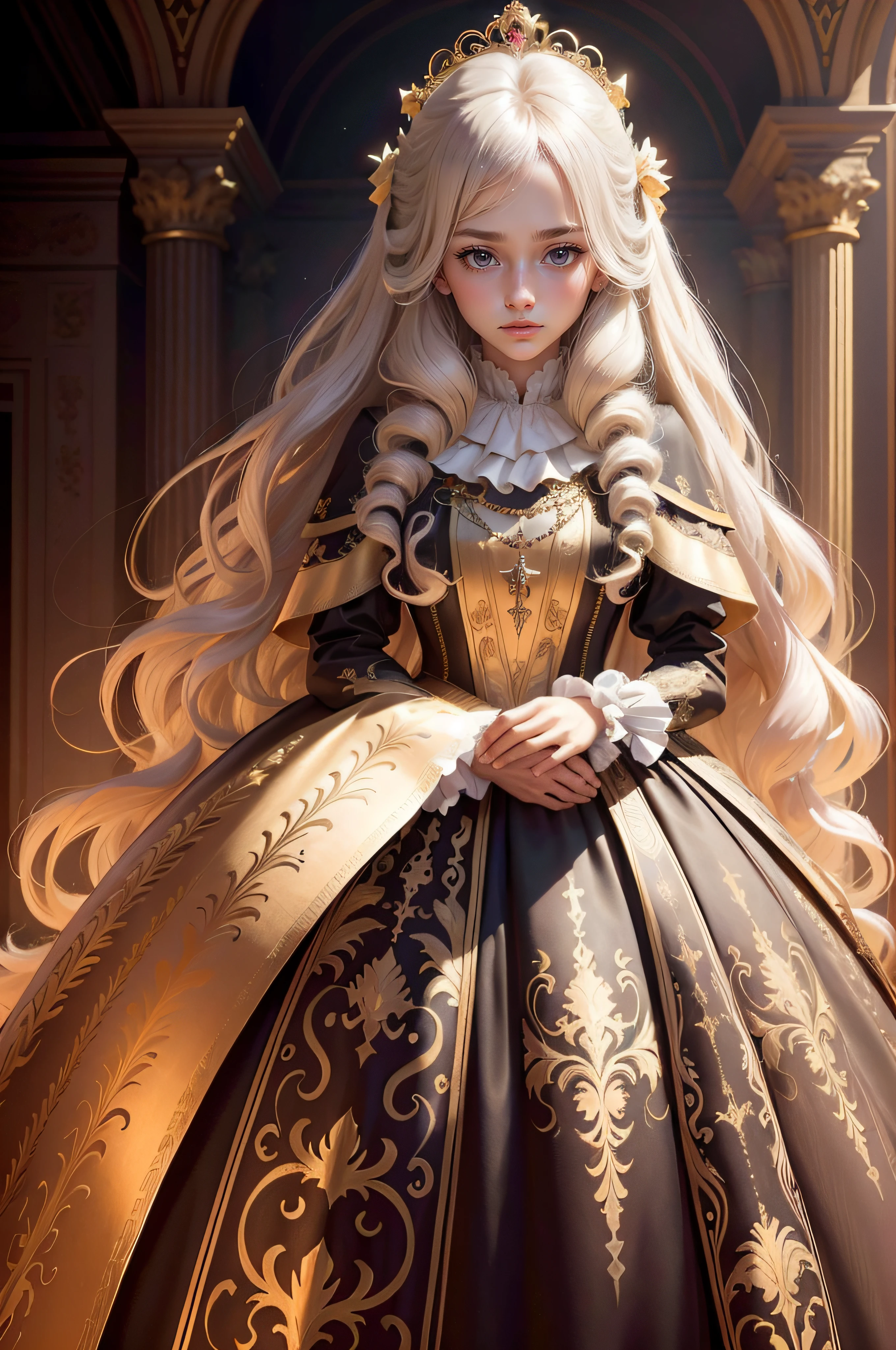 Princess in court dress,curtained hair, damp hair, long whitr hair, baroque, classicism, High detail, Sparkle, god light, full bloom, reference sheet, character sheets, Close-up, in a panoramic view, hyper HD, 4K, High quality, Best quality, Award-Awarded, A high resolution
