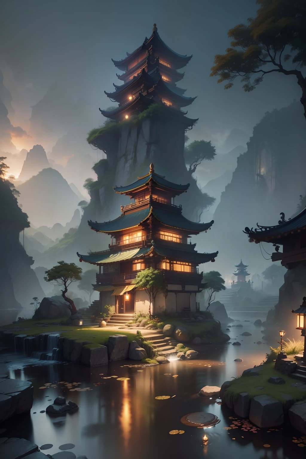 Xianxia style, detailed RAW photo of a (fantasy:1.1) wonderful jungle village background, stone streets, a small pond, (night:0.4), highly detailed background, ray tracing, dramatic lighting, dynamic lighting, soft shadows, hdr, 64k, (night:0.3), realism, trending on Cgsociety, Ultra Realistic, masterpiece, magical, mystical,
