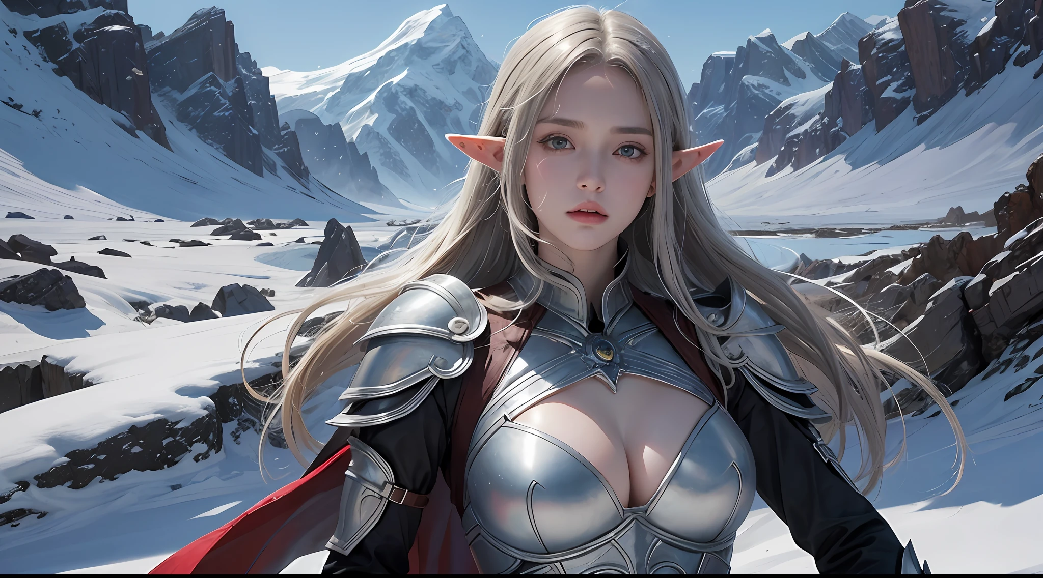 (Award-winning digital artwork:1.3) af (sketching:1.3),(with dynamism:1.3),(Saturation:1.3),(Close portrait:1.3),(femele:1.4),(big breasts beautiful: 1.4),(carismatic:1.3),female elf,Leather armor,Perfect Detailed Eyes,magia,snowy mountain background,Large breasts,Complex patterns,Film filter, ,dramatics,Fighting posture,illusory engine, (High detail: 1.9),