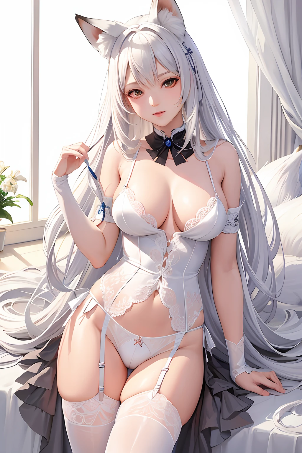 masterpiece, best quality, masterpiece,best quality,official art,extremely detailed CG unity 8k wallpaper, White-haired fox woman fox ears fox tail collar erotic lingerie garter_belt stockings 1girl