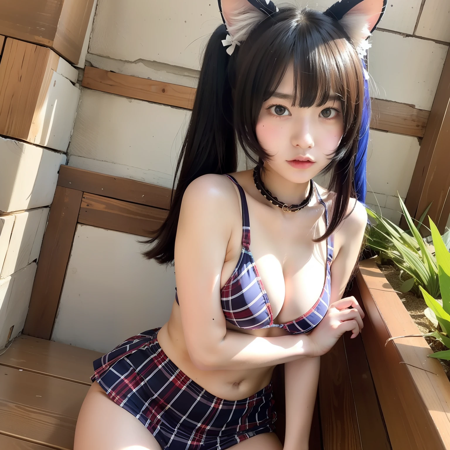 Cute High School Girl、Cat Cosplay、from front view,Bikini top,full bodyesbian,show legs
