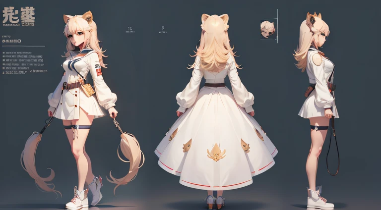 An anthropomorphic anime character with a lion holding a mobile phone,Wear white clothes,pretty anime character design,Kantai collection style,anime moe art style,small curvaceous ,vivaciousness,tidal current,small lolime character design,Highly detailed character design,guweiz,high quality character design,To have three views,This is the frontal view,Side view and back view