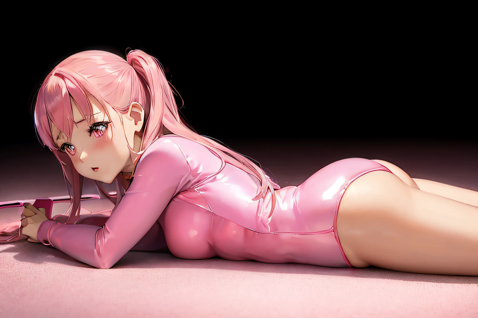 Anime girl in pink leotard lying on the floor with mobile phone、photorealistic anime girl render、Pink body、an anime girl、pink girl、smooth pink skin、pink twintail hair and cyan eyes、Render in SFM、Real and seductive anime girls in anime、smooth anime cg art、Cute anime girl rendering