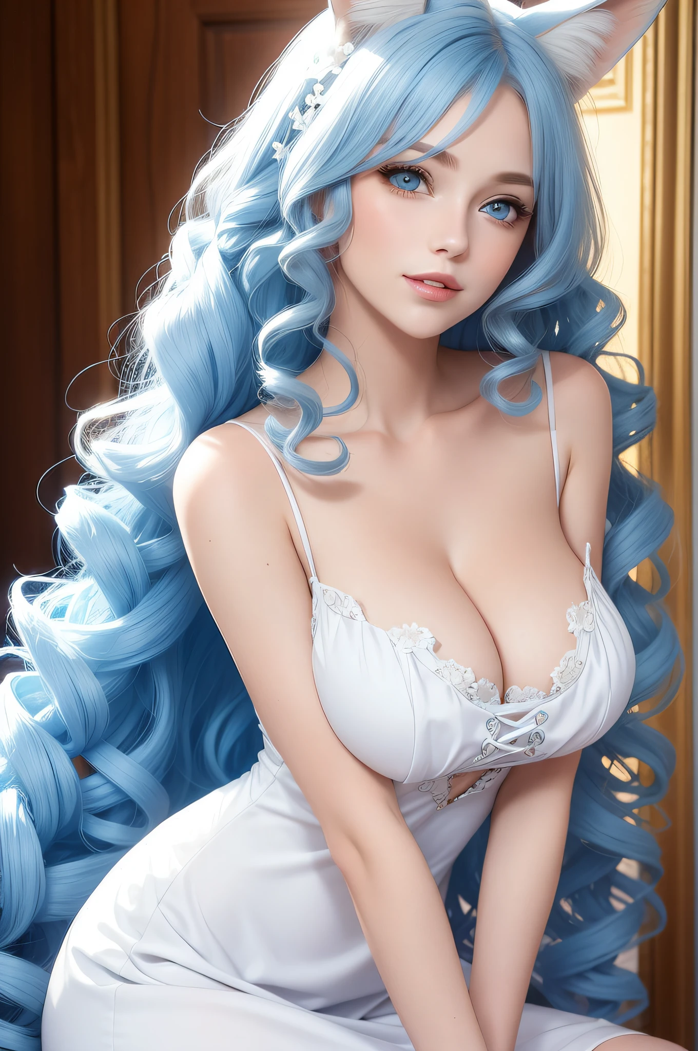 woman with,golden curly hair,blue color eyes,White fox ears,tightly dress