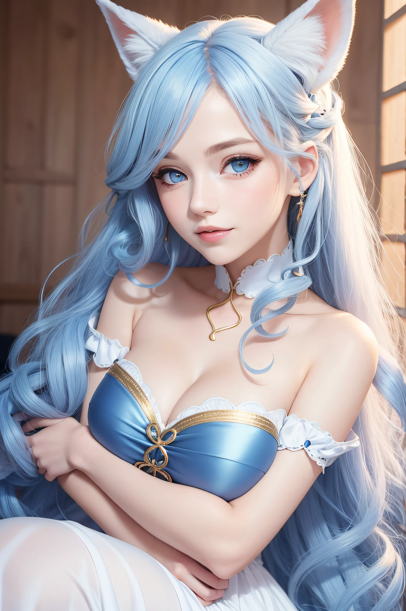 woman with,golden curly hair,blue color eyes,White fox ears,tightly dress