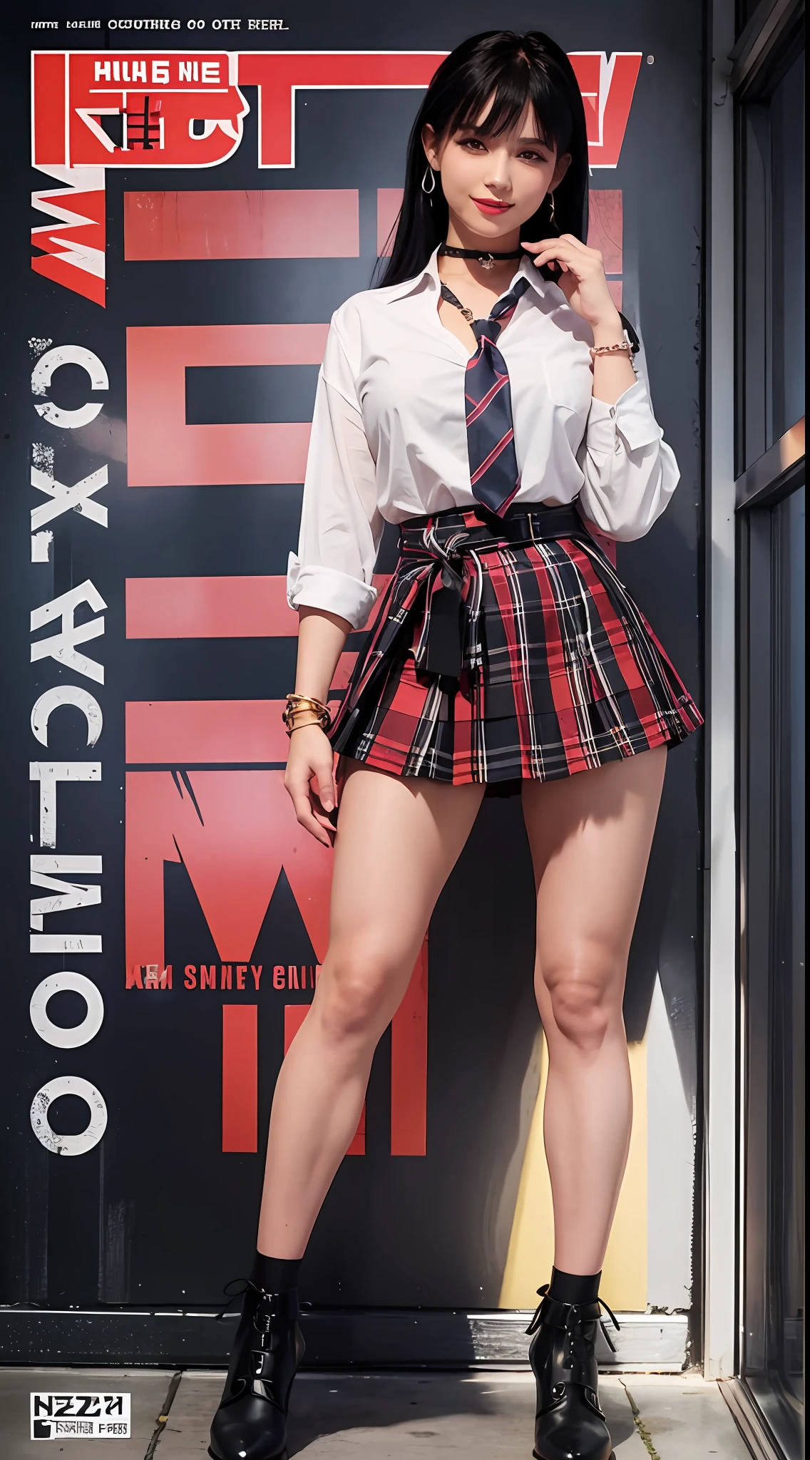 masterpiece, best quality, full body, 1girl, bangs, black choker, black necktie, blonde hair, blue skirt, blush, bracelet, breasts, choker, clothes around waist, collarbone, collared shirt, cowboy shot, dress shirt, ear piercing, eyebrows visible through hair, gradient hair, grin, gyaru, jewelry, kogal, long hair, looking at viewer, loose necktie, necktie, piercing, plaid, plaid skirt, pleated skirt, red eyes, ring, school uniform, shirt, skirt, smile, solo, white shirt, street, sky, cherry blossoms, petals,illustration, (magazine:1.3), (cover-style:1.3), fashionable, woman, vibrant, outfit, posing, front, colorful, dynamic, background, elements, confident, expression, holding, statement, accessory, majestic, coiled, around, touch, scene, text, cover, bold, attention-grabbing, title, stylish, font, catchy, headline, larger, striking, modern, trendy, focus, fashion,