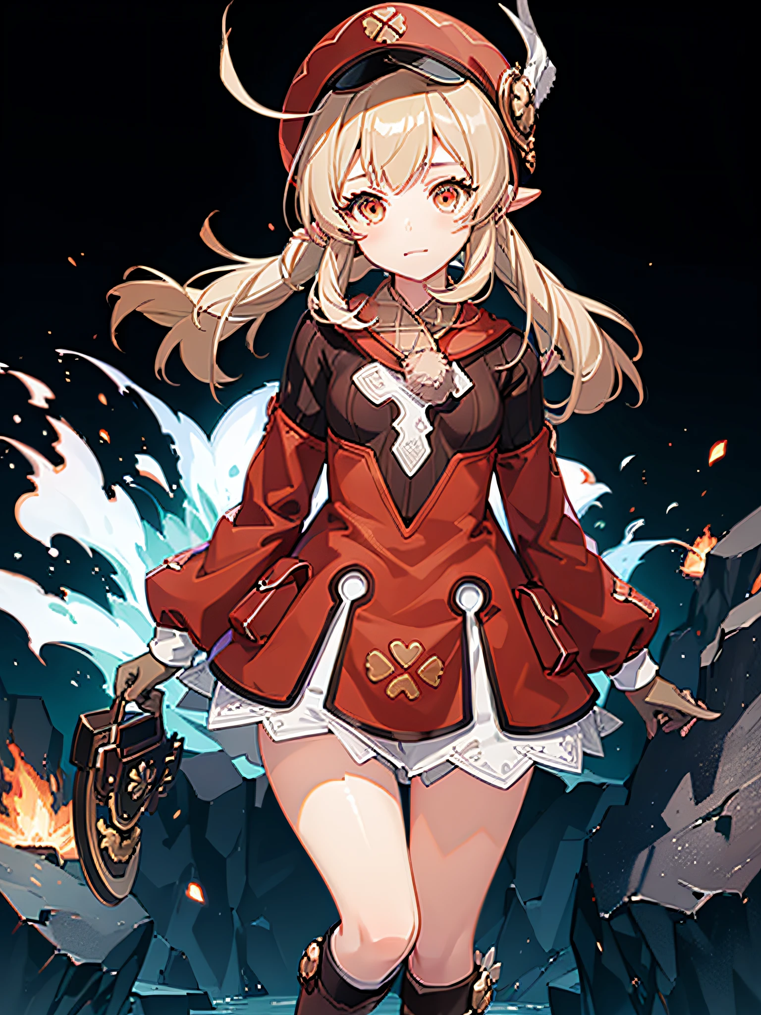 1girl, gloves, hat, blonde hair,long sleeves, brown gloves, dress, low twintails,red eyes, pointy ears, long hair, knee boots, ribbed legwear, A joyful illustration of Klee