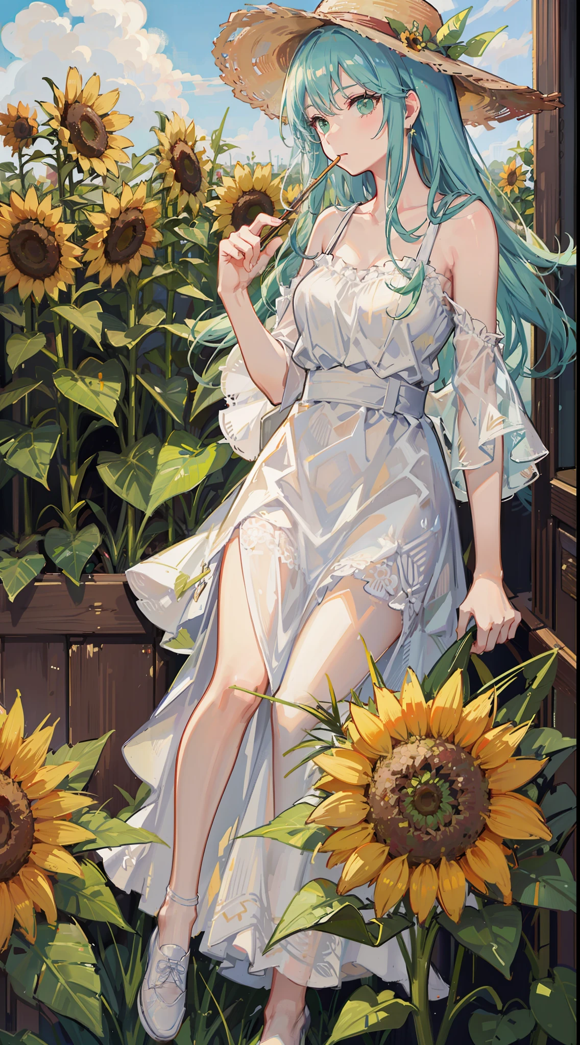 white dresses,White canvas shoes,Mature girls,long white hair,Light green eyes,Wearing a straw hat,Sunflowers in straw hats,adolable,vivaciousness