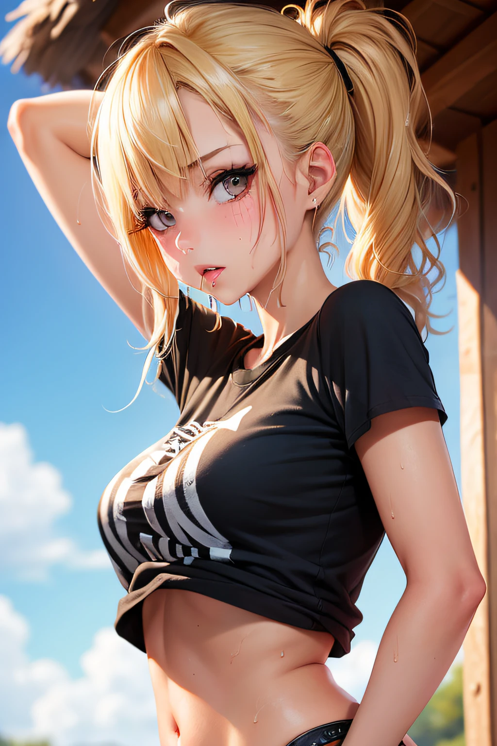 (1girl), medium breasts, tan, dewy skin, sweaty skin, wavy blonde hair, punk tshirt, punk girl, sexy, sultry