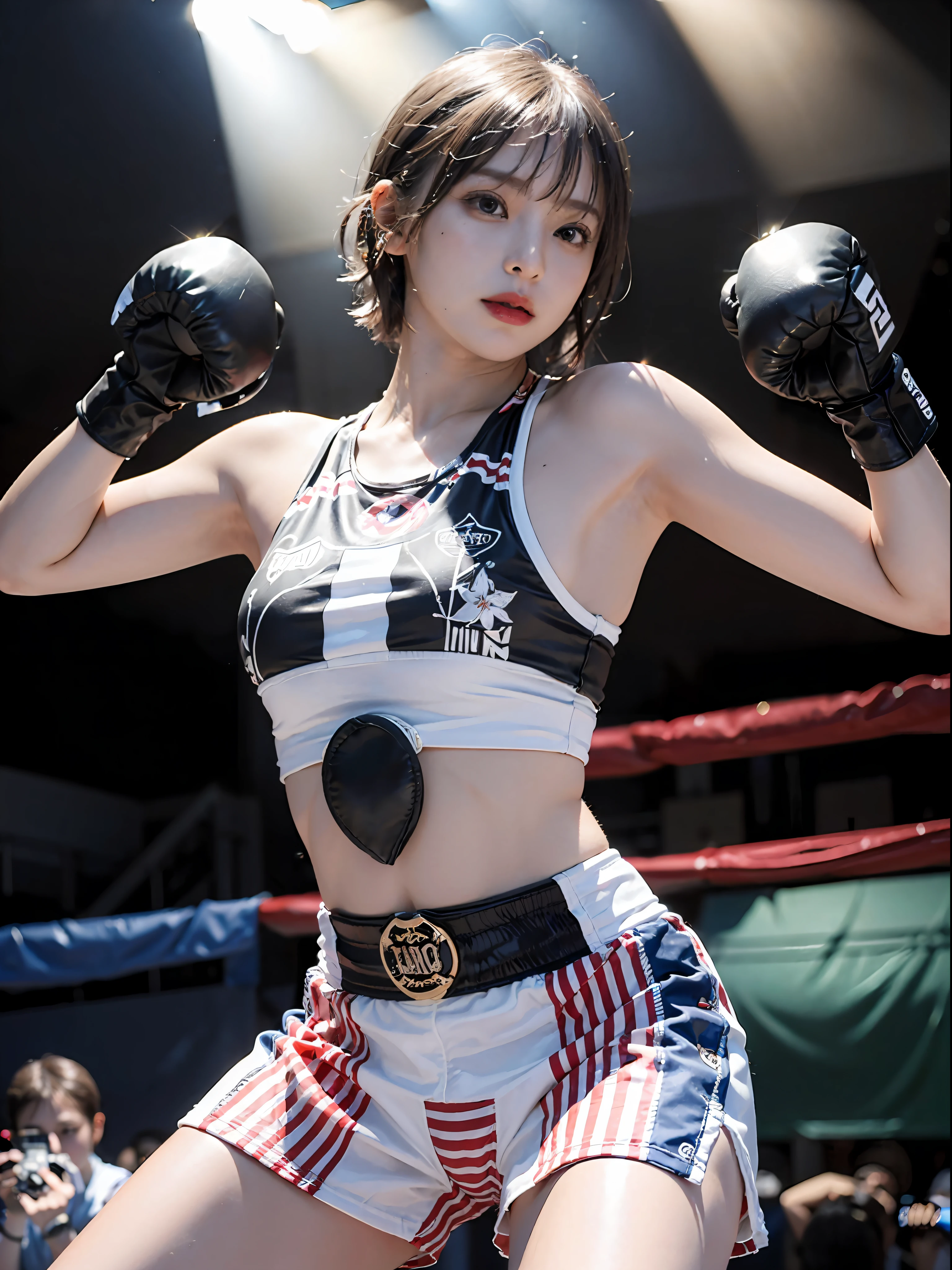 Best Quality, boxer, (Photorealsitic:2), 超A high resolution, Highly detailed, A hyper-realistic, 1girl in, (Boxing gloves), Floral pattern,  colourfull_head_hair、(((very_short_head_hair))), Short hair, Slim body, Full Shot, Looking at Viewer, ((Boxing rings)),  Bright atmosphere, spot light, Detailed background