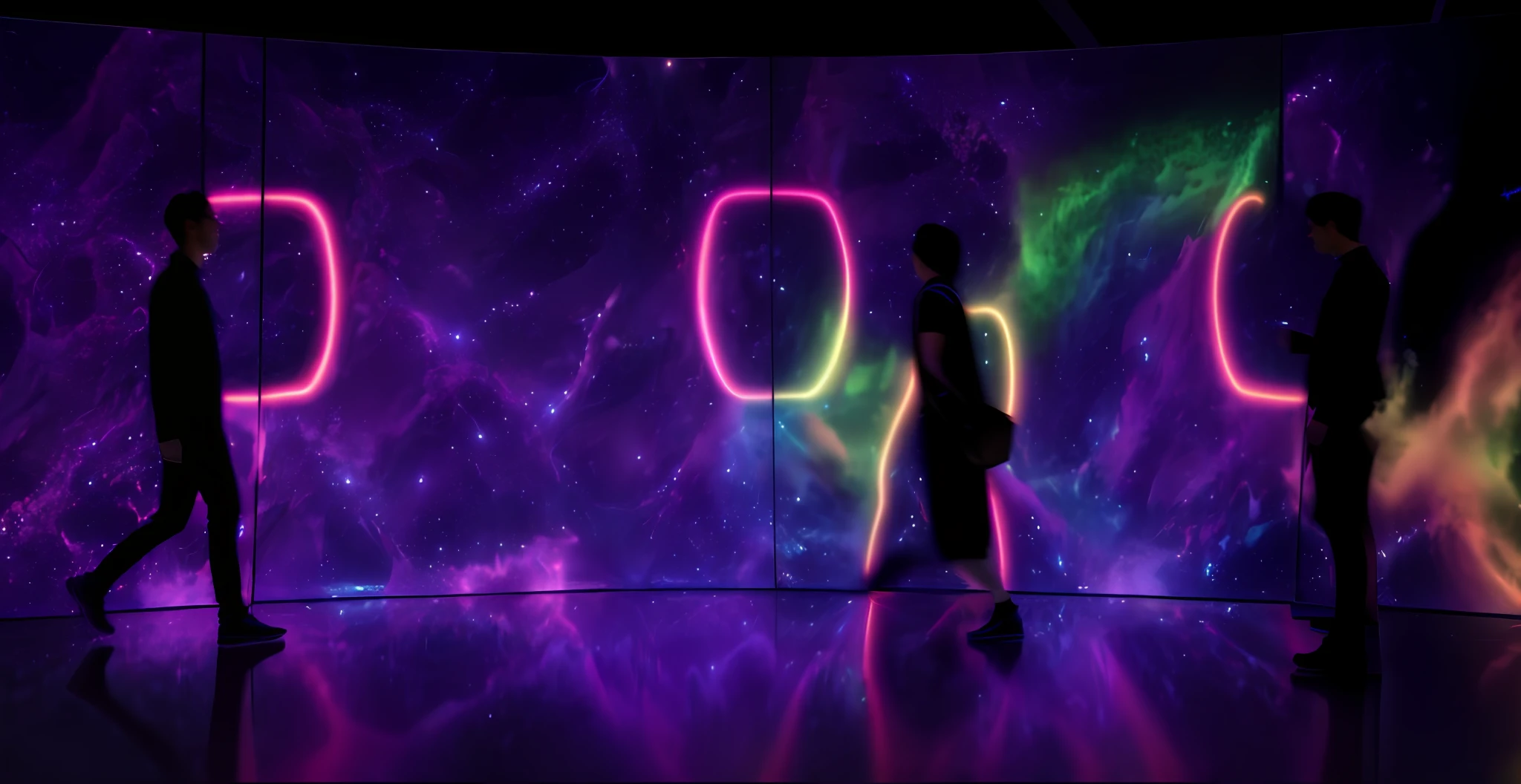 People walking in front of neon projections, holography space, teamlab, dark neon colored universe, holography space, virtual metaverse room, interactive art, space graphics art in background, colorful projections, splashes of neon galaxies, otherworldly visuals, digital walls, ultraviolet and neon colors, holographic projections, Universe, colored projections