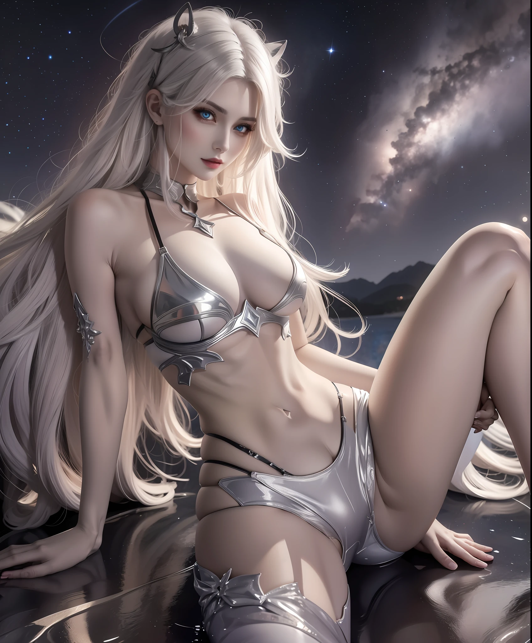 Realistic professional photos with super detail,full-shot,full bodyesbian,Straight lens,one-girl,Silver hair,eBlue eyes,long whitr hair,big round breasts,afloat,Sit Pose,Staring straight ahead,spread their legs,Sexual position,Bite your finger,is shy,stooped,Cock your ass,Rounded ass,Straight ass,(pantyless),power pose,The halo,succubi,Satisfied eyes,Looking into the distance,Stand under the stars,The attention to detail,The background is a comet and a nebula,light stre,cinmatic lighting,Side lighting,Dark and detailed galactic background,8K, 4K, (k hd: 1.1), best qualtiy (tmasterpiece: 1.3),Shameful clothes,Photos of the bath,