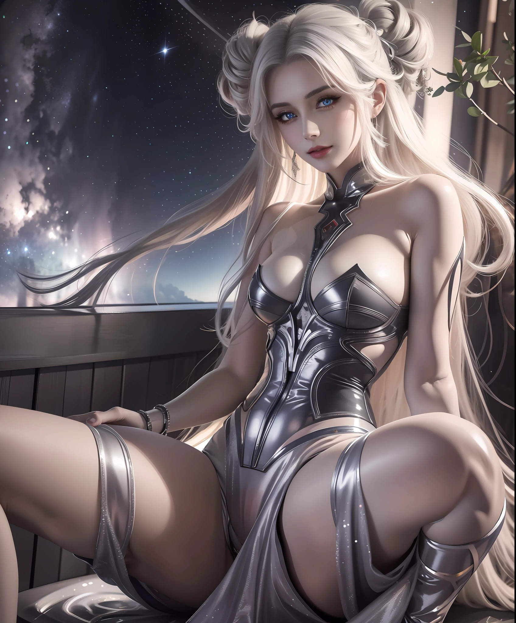 Realistic professional photos with super detail,full-shot,full bodyesbian,Straight lens,one-girl,Silver hair,eBlue eyes,long whitr hair,big round breasts,afloat,Sit Pose,Staring straight ahead,spread their legs,Sexual position,Bite your finger,is shy,stooped,Cock your ass,Rounded ass,Straight ass,(pantyless),power pose,The halo,succubi,Satisfied eyes,Looking into the distance,Stand under the stars,The attention to detail,The background is a comet and a nebula,light stre,cinmatic lighting,Side lighting,Dark and detailed galactic background,8K, 4K, (k hd: 1.1), best qualtiy (tmasterpiece: 1.3),Shameful clothes,Photos of the bath,