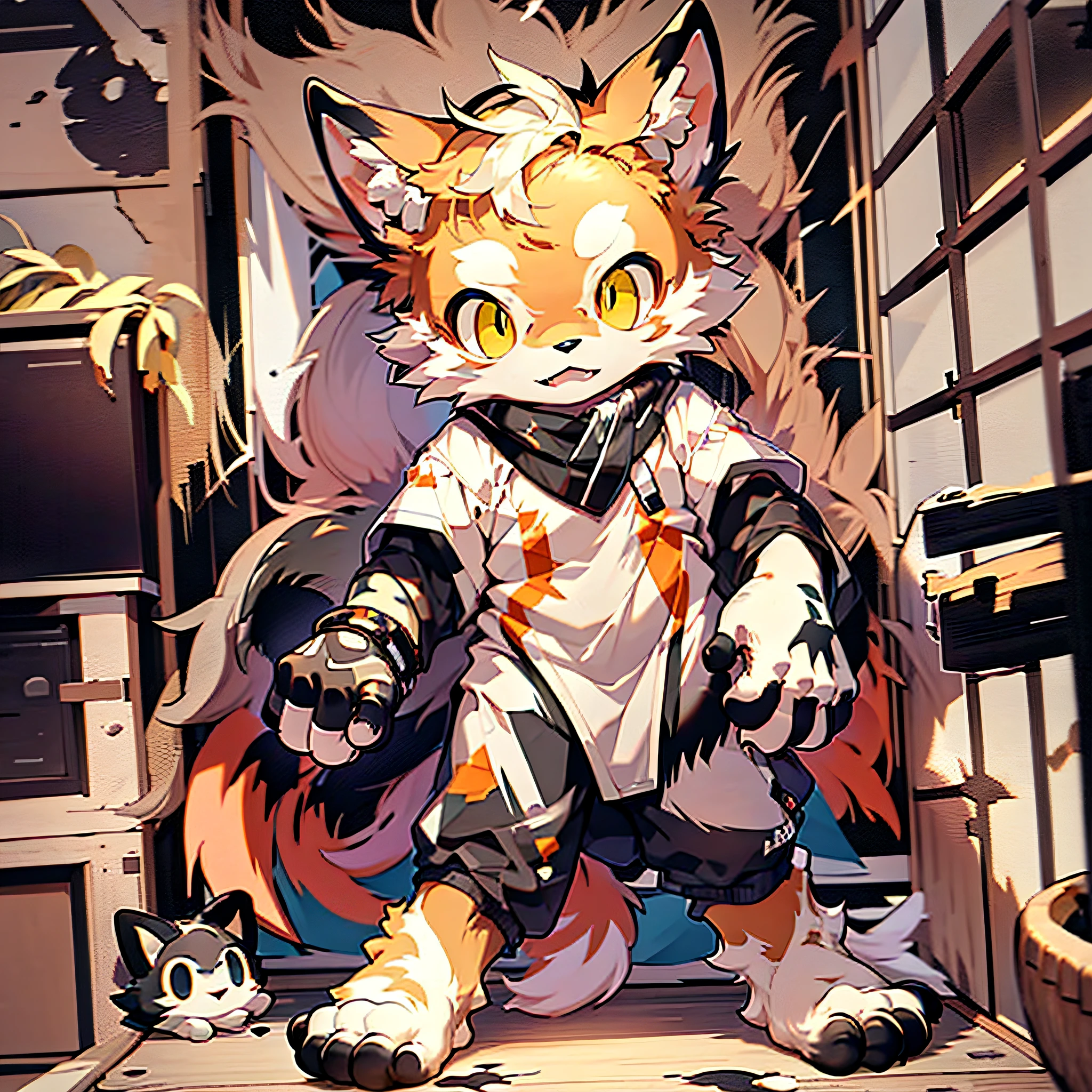 Furry cat Forelimb hand, hindlimb leg leg and foot standing Shota Little boy Overall white Head, arms, body, legs with bluish-black pattern, whole body, pink flesh pad, eyes pupil blue, furry, no clothing, two ears, at home, HD