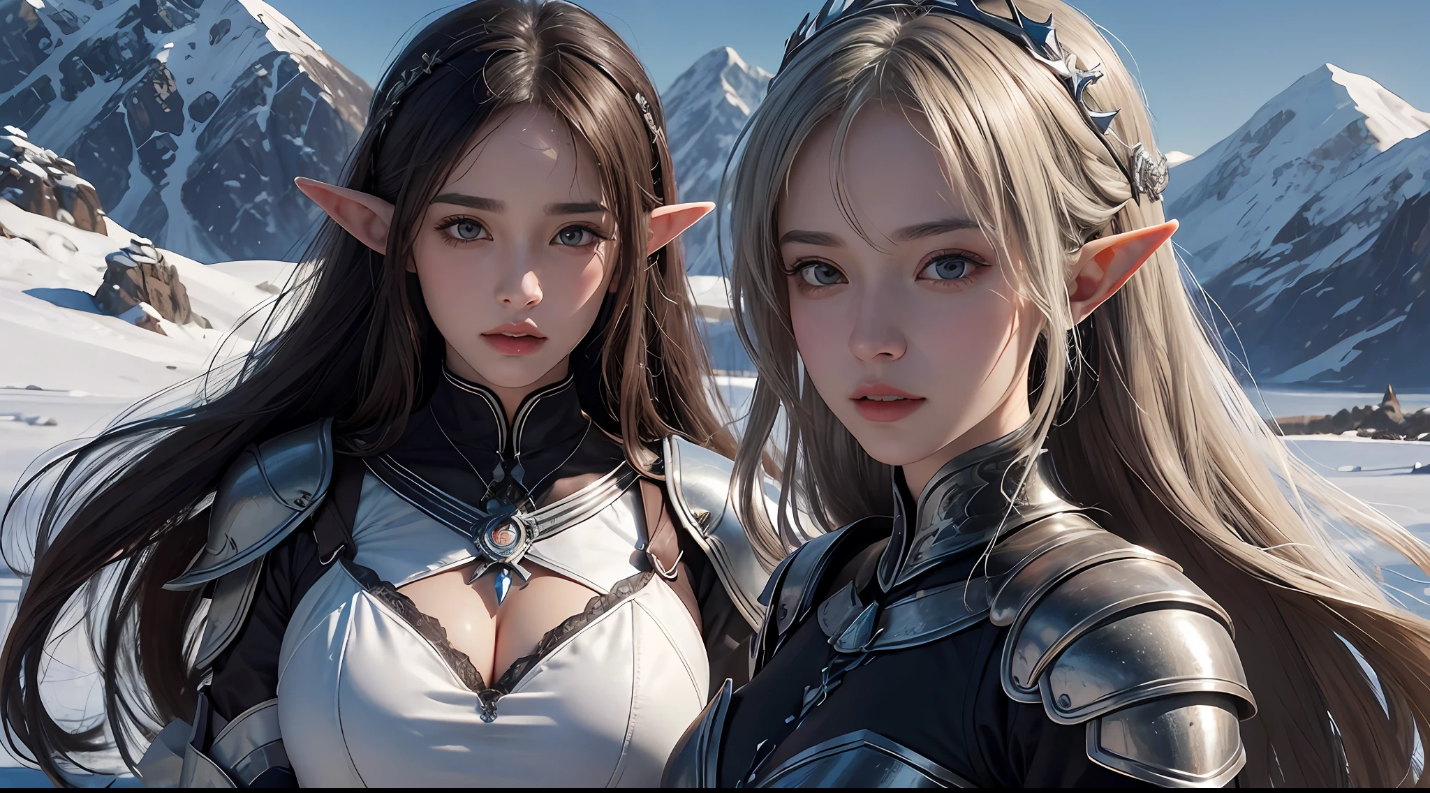 （Award-winning digital artwork：1.3） af （sketching：1.3），（with dynamism：1.3），（Saturation：1.3），（Close portrait：1.3），（femele：1.4），（big breasts beautiful： 1.4),(carismatic:1.3),female elf，Leather armor，Perfect Detailed Eyes，magia，snowy mountain background，Large breasts，Complex patterns，Film filter, ，dramatics，Fighting posture，illusory engine， (High detail: 1.9)，