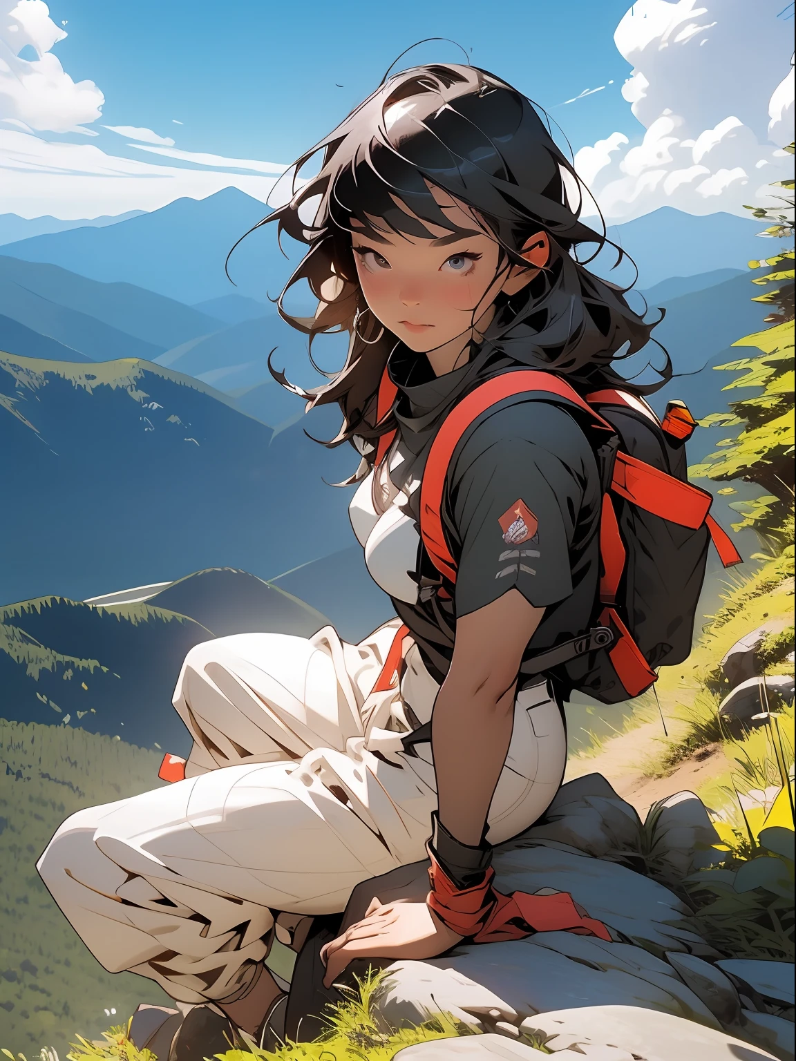 (masterpiece, top quality, 8K wallpaper, high resolution, ultra-realistic), 1girl, solo, full body composition from afar, slender figure: 1.1, (beautiful face like a doll: 1.5), beautiful face, beautiful eyes, detailed face, detailed eyes, detailed nose, detailed mouth, (long hair in the wind: 1.5), (bangs: 1.5), black eyes, mountain girl style, backpacker, mountaineer, mountain view from the top of the mountain, Walking on a mountain trail, (self-portrait: 1.5) T-shirt, long pants, climbing, wearing trekking boots, natural landscape photos; mountain climbing; spectacular summer mountain scenery with rugged mountain ranges in the distance, with a wonderful contrast of blue sky and white clouds. Camera = "Sony a7 IV";Lens="Tamron 28-200mm f/2.8-5.6 Di III RXD";" Aperture = f/6.3";" Shutter speed = 1/1600 sec";" ISO=100";