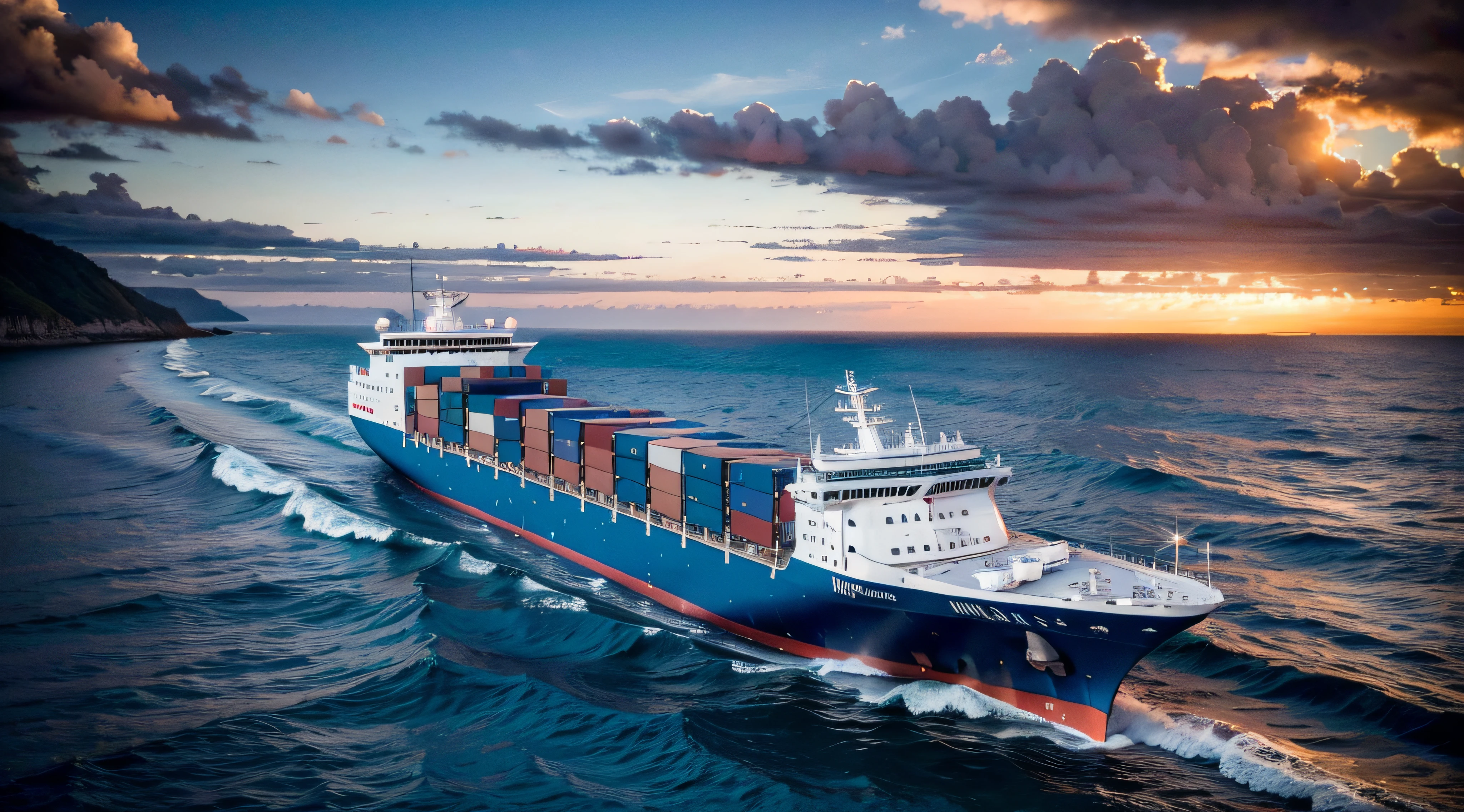 Cargo ship photos, 8k ultra high definition, high qulity, the sea, the sunset, motionblur, Deep blur, Movie image 4k, 8k, George Miller's crazy Max style, Ultra-high realism, natural soft light, A high resolution, soft shade, Original bright colors, Depth blur, vague background, bokeh, dynamic blur。