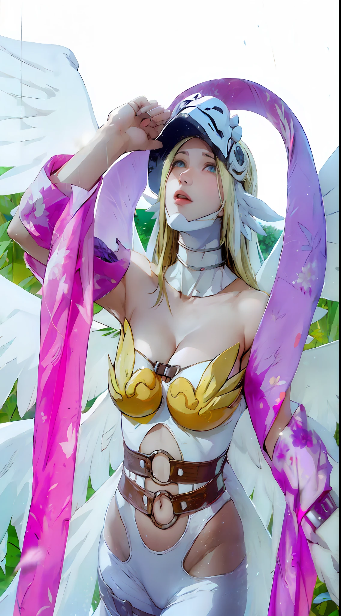 Digimon\(Angewomon\), angewomon from digimon, sexy body, huge breast, multiple wings, opening her mask, looking up,  voluptouous, foliage background