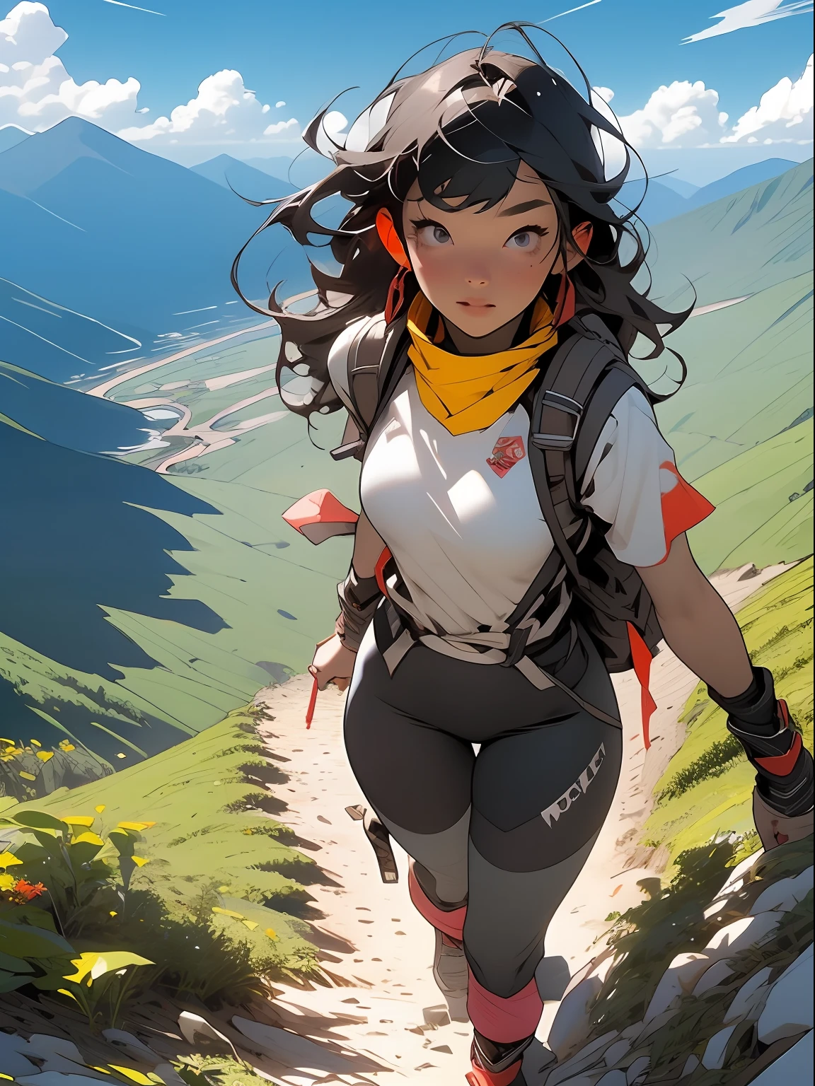 (masterpiece, top quality, 8K wallpaper, high resolution, ultra-realistic), 1girl, solo, full body composition from afar, slender figure: 1.1, (beautiful face like a doll: 1.5), beautiful face, beautiful eyes, detailed face, detailed eyes, detailed nose, detailed mouth, (long hair in the wind: 1.5), (bangs: 1.5), black eyes, mountain girl style, backpacker, mountaineer, mountain view from the top of the mountain, Walking on a mountain trail, (self-portrait: 1.5) T-shirt, long pants, climbing, wearing trekking boots, natural landscape photos; mountain climbing; spectacular summer mountain scenery with rugged mountain ranges in the distance, with a wonderful contrast of blue sky and white clouds. Camera = "Sony a7 IV";Lens="Tamron 28-200mm f/2.8-5.6 Di III RXD";" Aperture = f/6.3";" Shutter speed = 1/1600 sec";" ISO=100";