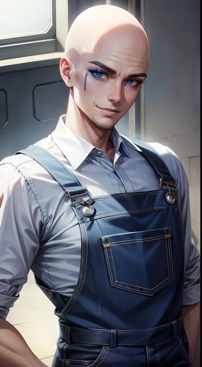 Young guy, bald, The eyes are blue, blue overalls, bloods, knife, smirk, eye shadow, Masterpiece, hiquality