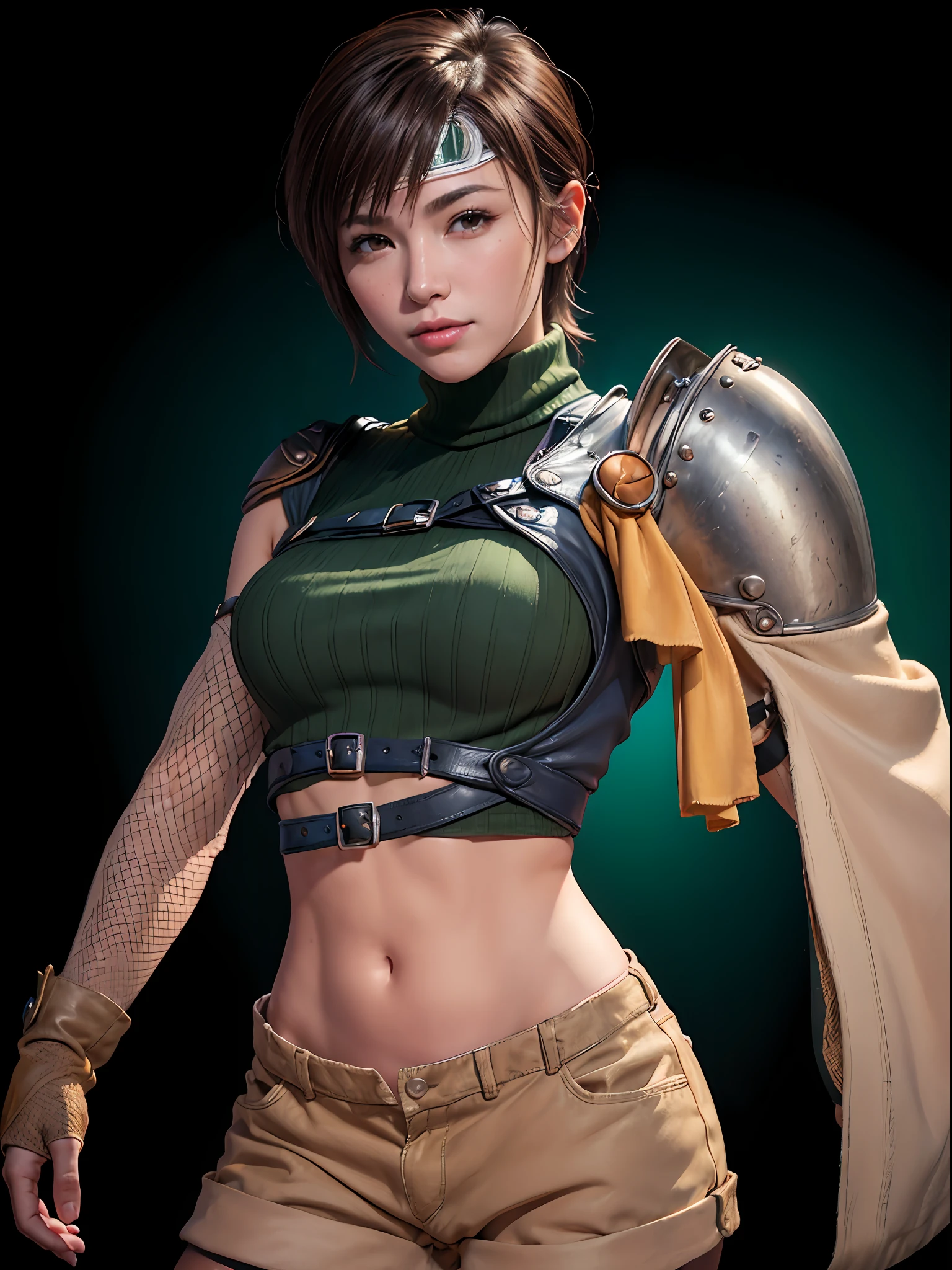 (masterpiece, best quality:1.4), (future days), (standing:1.5), (full body), (from front), (1girl), solo, (european youth:1), 1girl, short hair, headband navel, sleeveless, turtleneck, brown eyes, sleeveless turtleneck, solo, breasts, looking at viewer, sexy smile, gloves, crop top, brown hair, shorts, midriff, armor, sweater, open fly, fingerless gloves, ribbed sweater, medium breasts, yufi_kisaragi_01, girlhyperrealistic, high detailed skin, dslr, soft lighting, high quality, highly detailed face, highly detailed skin, skin pores, subsurface scattering, realistic pupils, medium breast, full face blush, full lips, detailed background, depth of field, volumetric lighting, sharp focus, absurdres, realistic proportions, good anatomy, (realistic, hyperrealistic:1.4), 16k hdr,