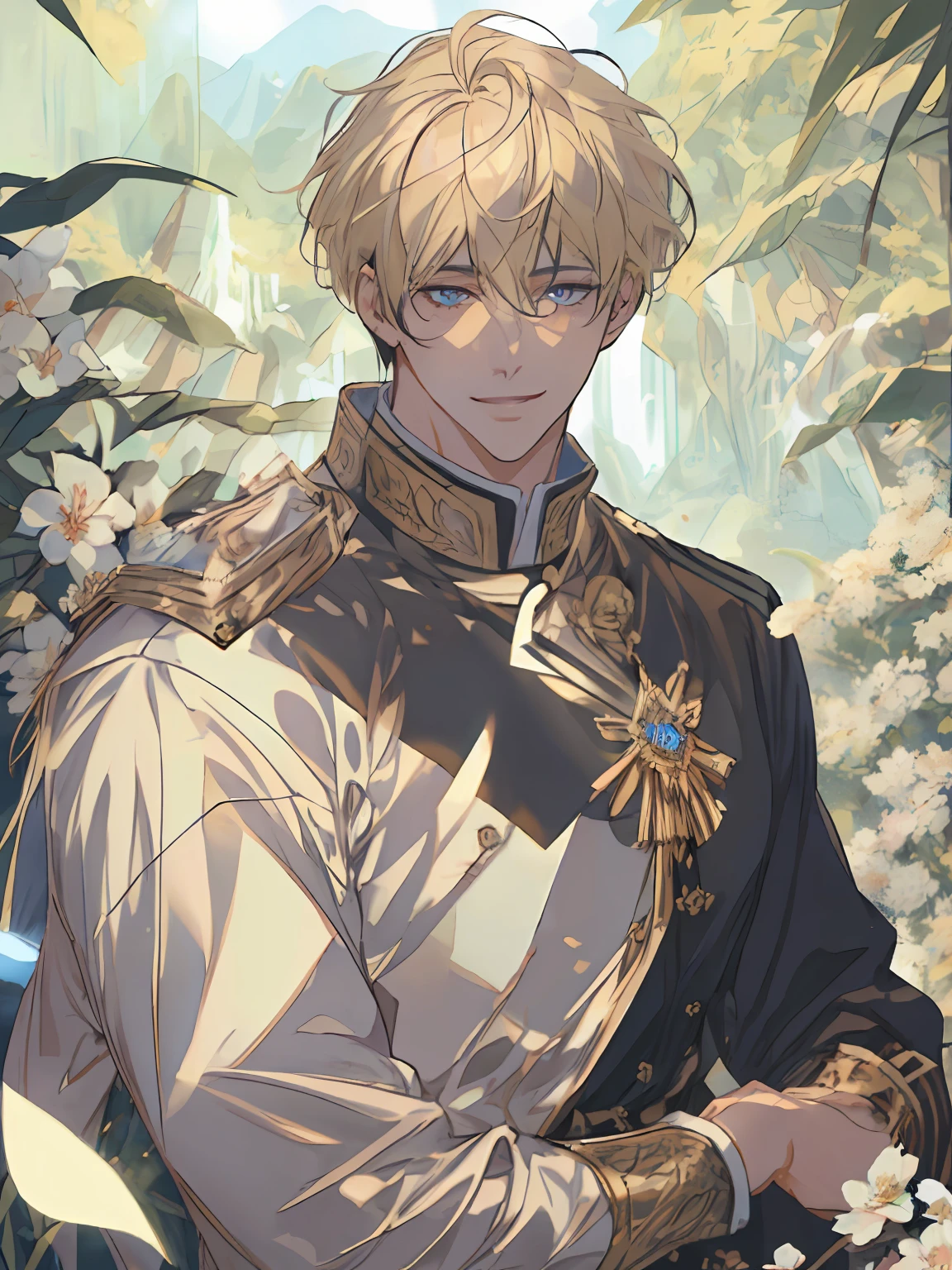 ((masterpiece:1.2、top-quality))、((Two men))、blonde hair、blue eyess(a handsome:1.4)、full bodyesbian:1.3、校服、royalty、Black Knight、Short black hair、Golden Eyes、Scar on the right eye、Black Armor、Fantasia、blooming flowers、sunlights、Fantastic Light and Shadow、landscapes、extra detailed face、a smile