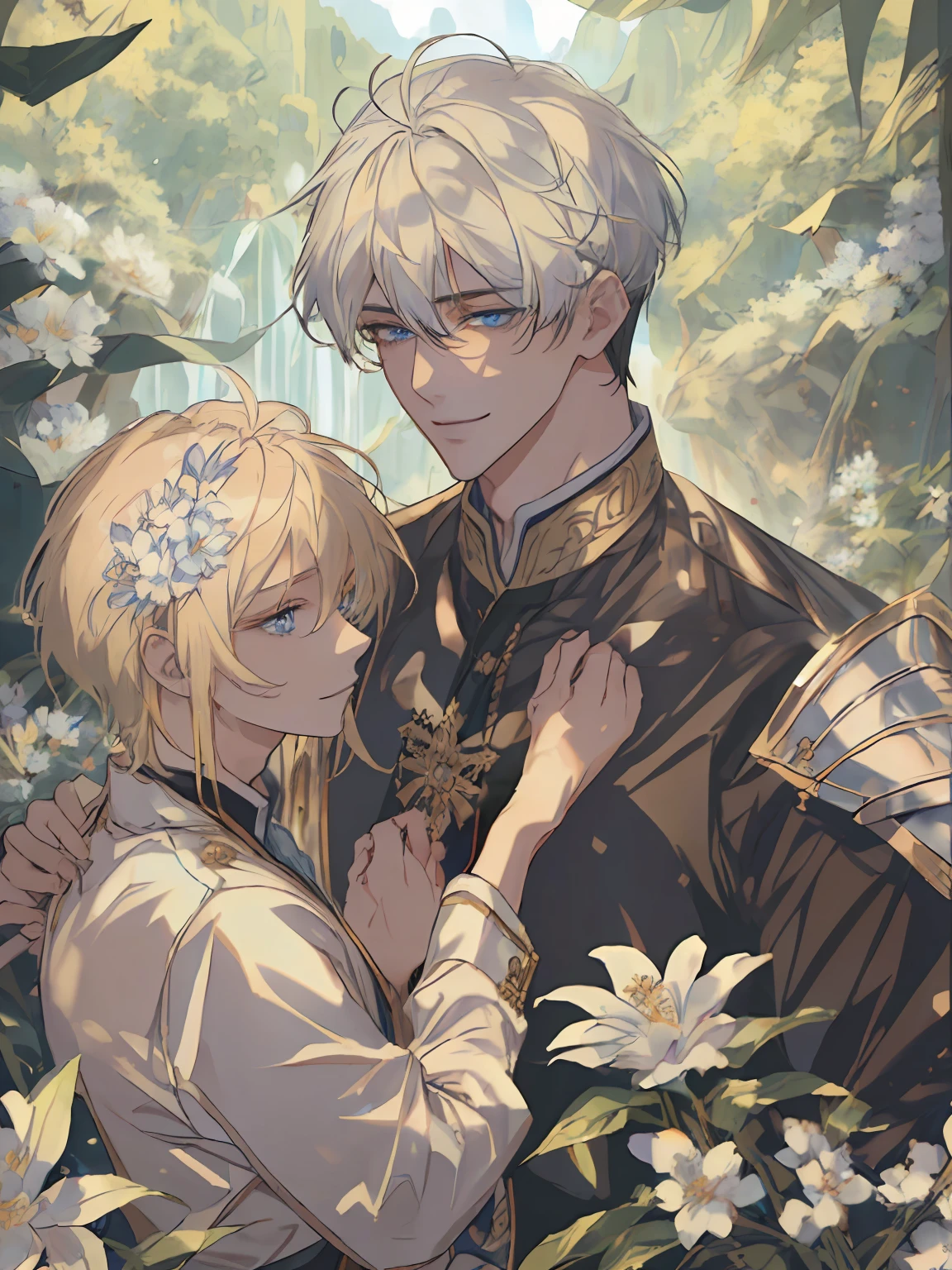 ((​masterpiece:1.2、top-quality))、((Two men))、blonde  hair、blue eyess(a handsome:1.4)、full bodyesbian:1.3、校服、royalty、Black Knight、Short black hair、Golden Eyes、Scar on the right eye、Black Armor、Fantasia、blooming flowers、sunlights、Fantastic Light and Shadow、landscapes、extra detailed face、a smile